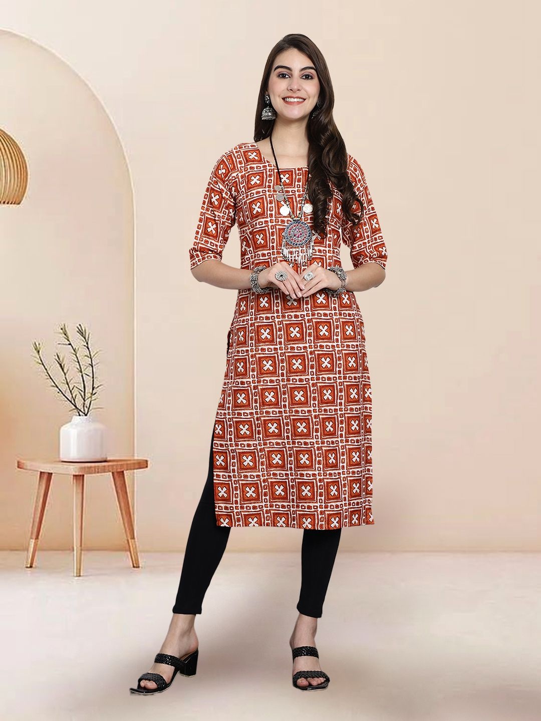 

7Threads Selection Of 4 Ethnic Motifs Printed Round Neck Kurtas, Orange