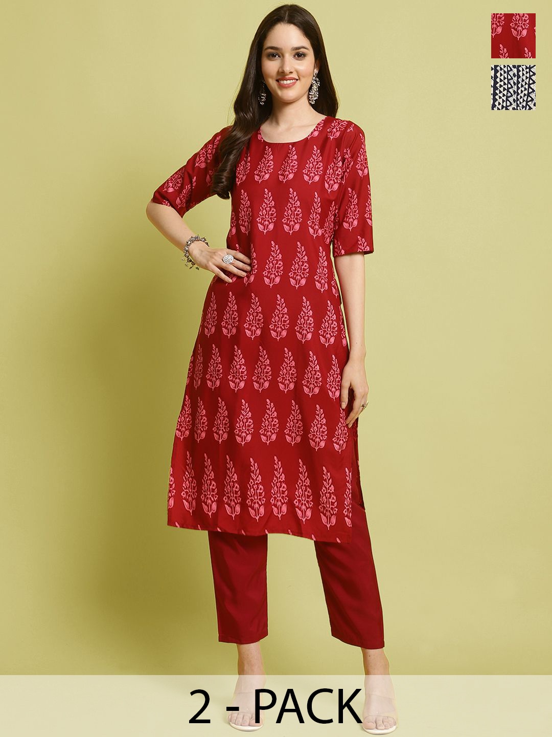 

7Threads Selection Of 2 Floral Printed Straight Kurta With Trousers, Red