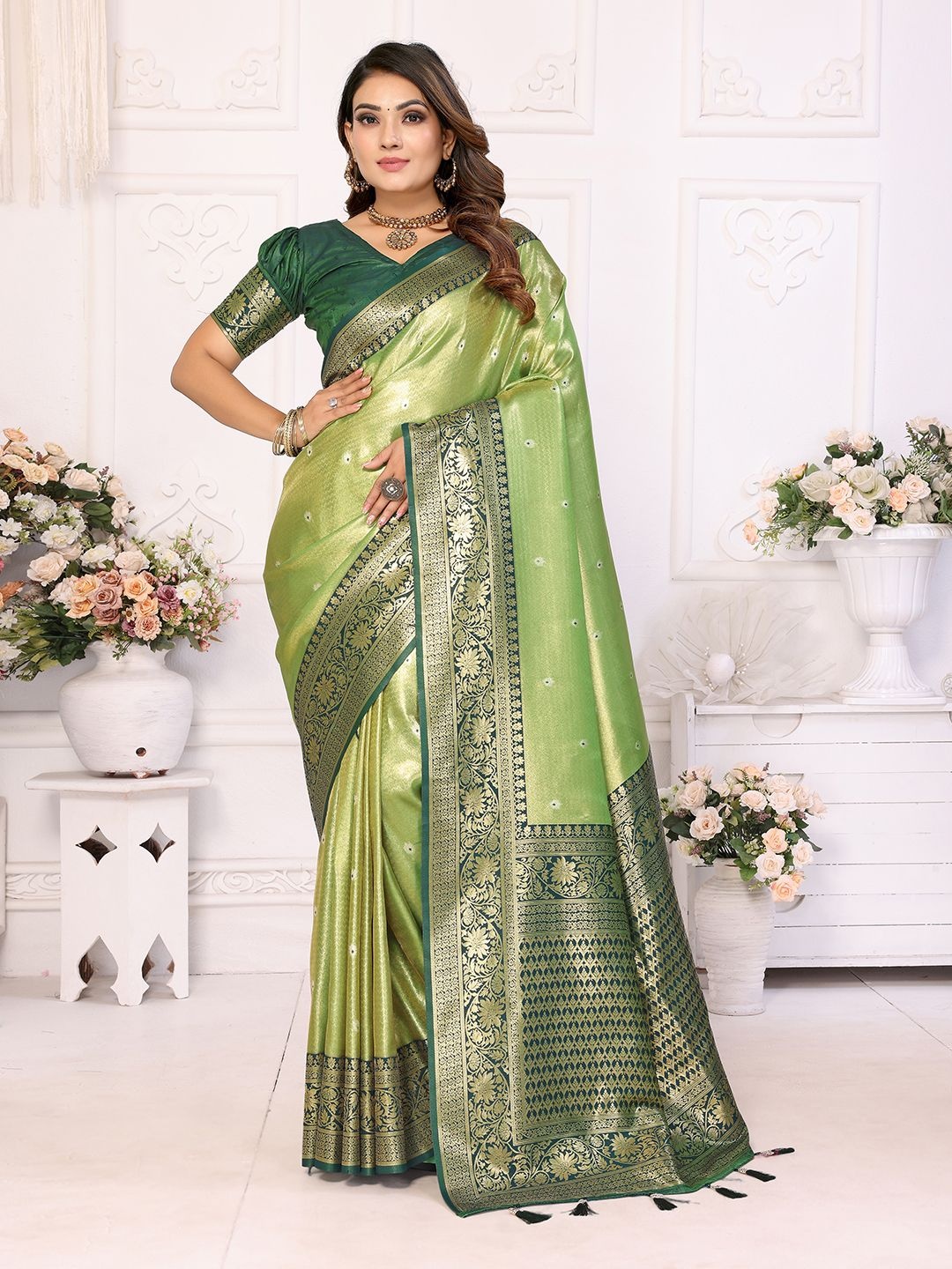 

Mitera Embellished Zari Silk Blend Designer Banarasi Saree, Green