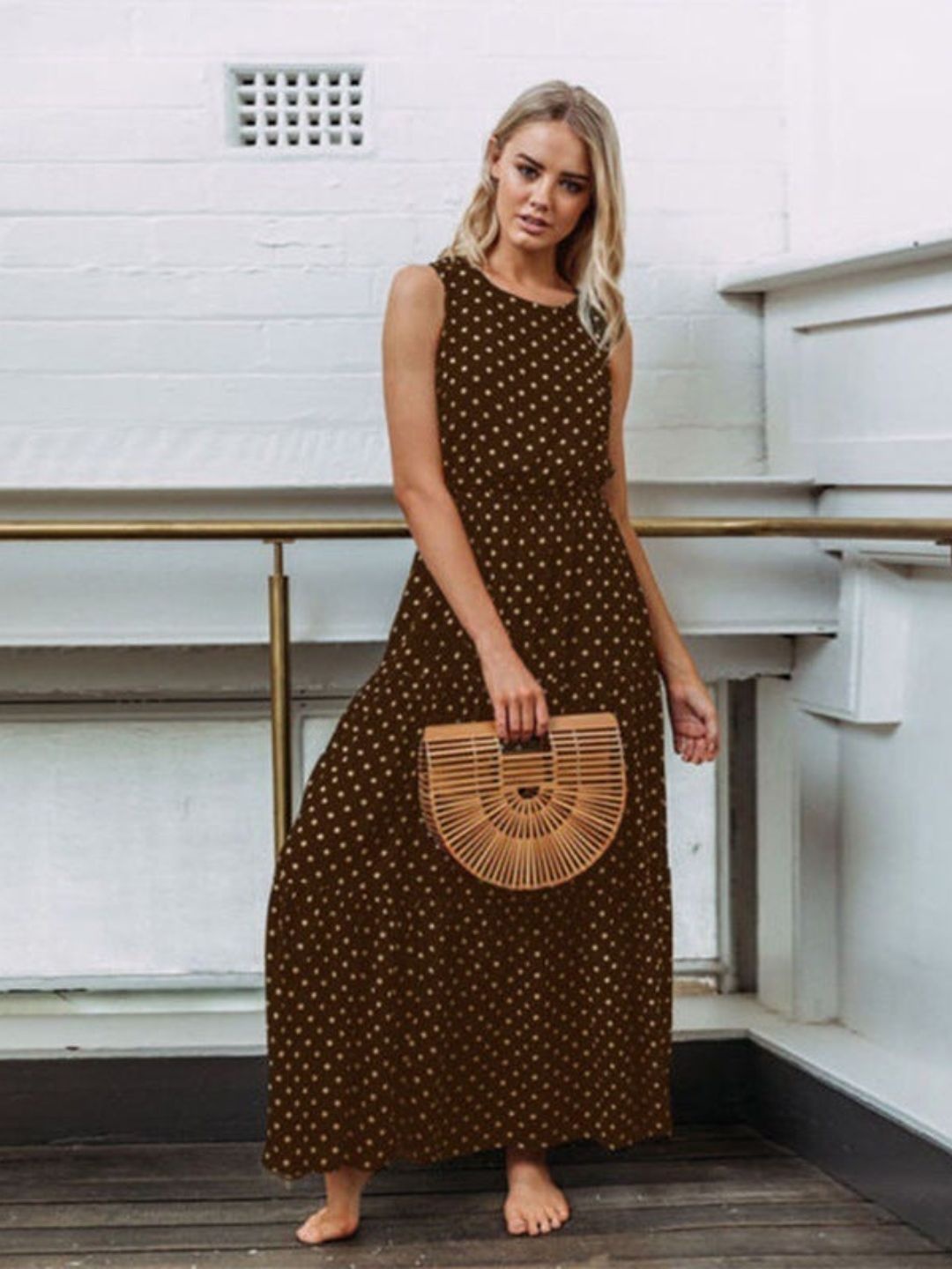 

DressBerry Polka Dot Print A-Line Maxi Dress, Brown