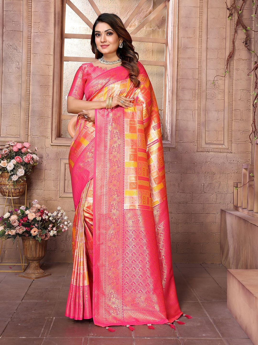 

Mitera Woven Design Zari Silk Blend Banarasi Saree, Yellow