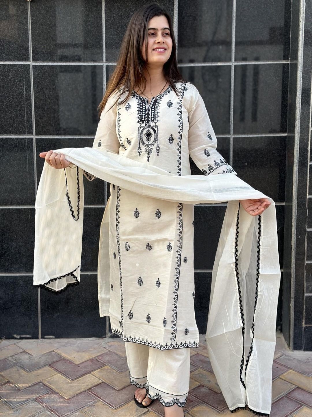 

GoSriKi Ethnic Motifs Embroidered Notch Neck Straight Kurta With Palazzos And Dupatta, White