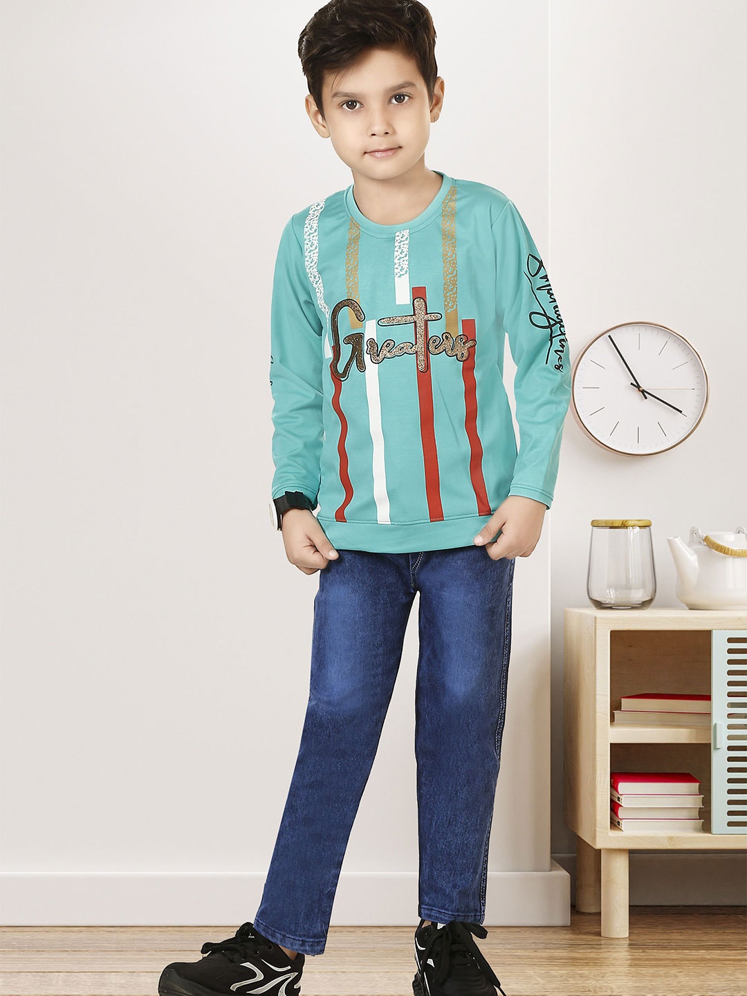 

LUCII Boys Printed Long Sleeves Sweatshirt With Jeans, Teal