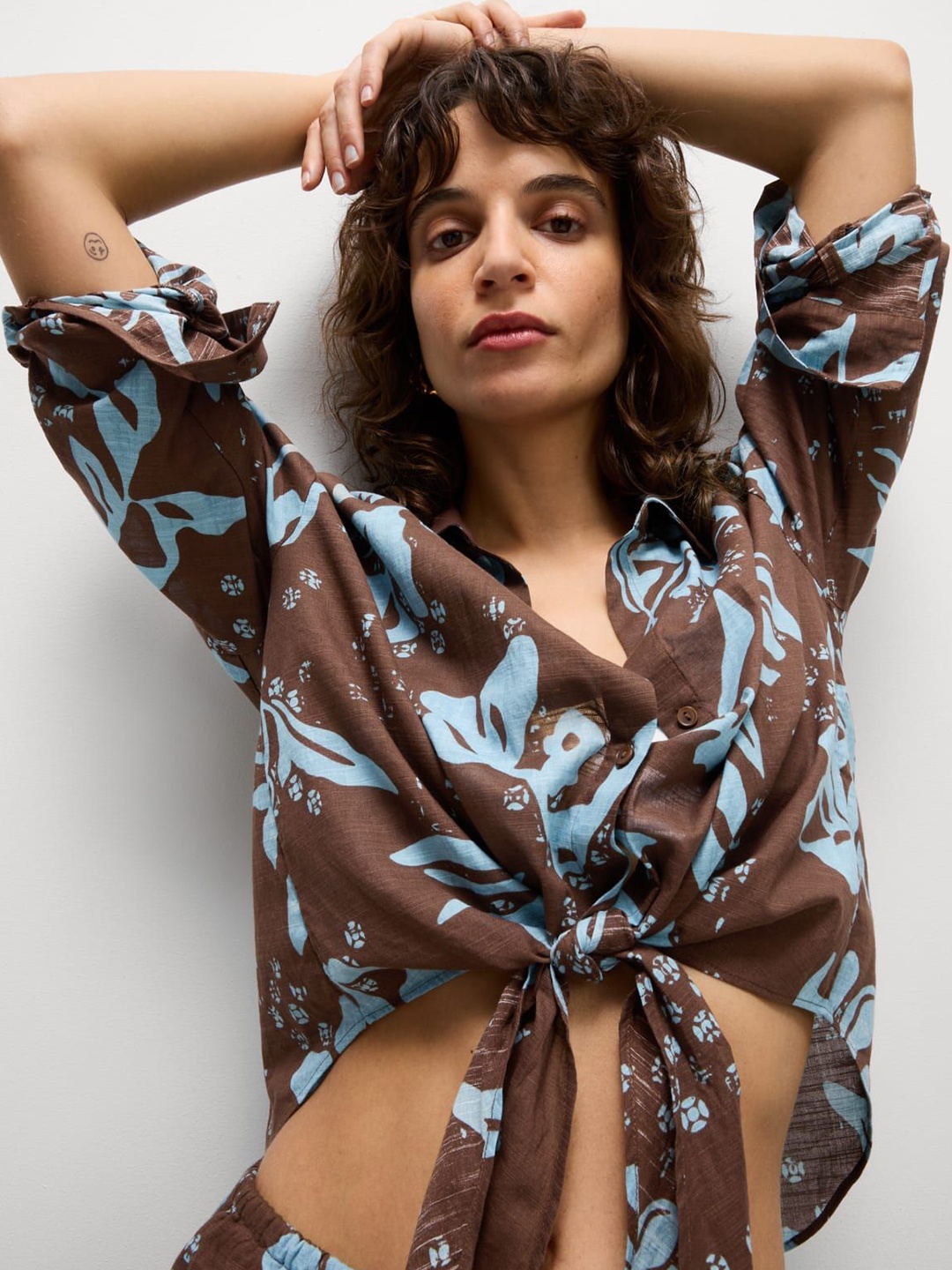 

Marks & Spencer Women Floral Printed Cotton Casual Shirt Style Top, Brown