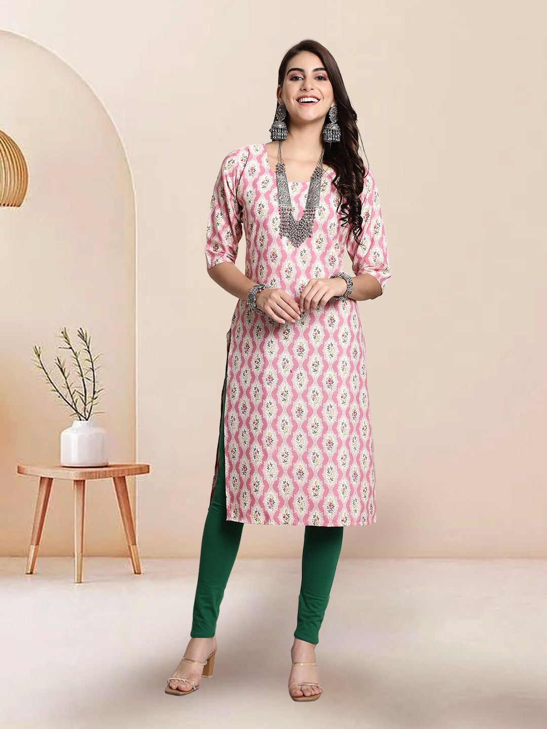 

7Threads Selection Of 6 Ethnic Motifs Printed Round Neck Straight Kurtas, Pink