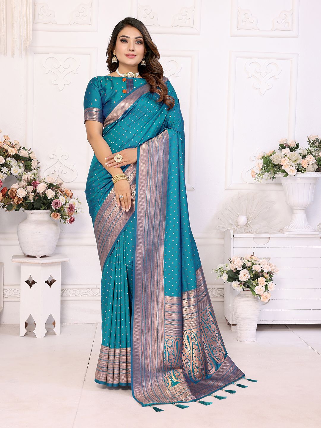 

Mitera Woven Design Zari Silk Blend Designer Banarasi Saree, Blue