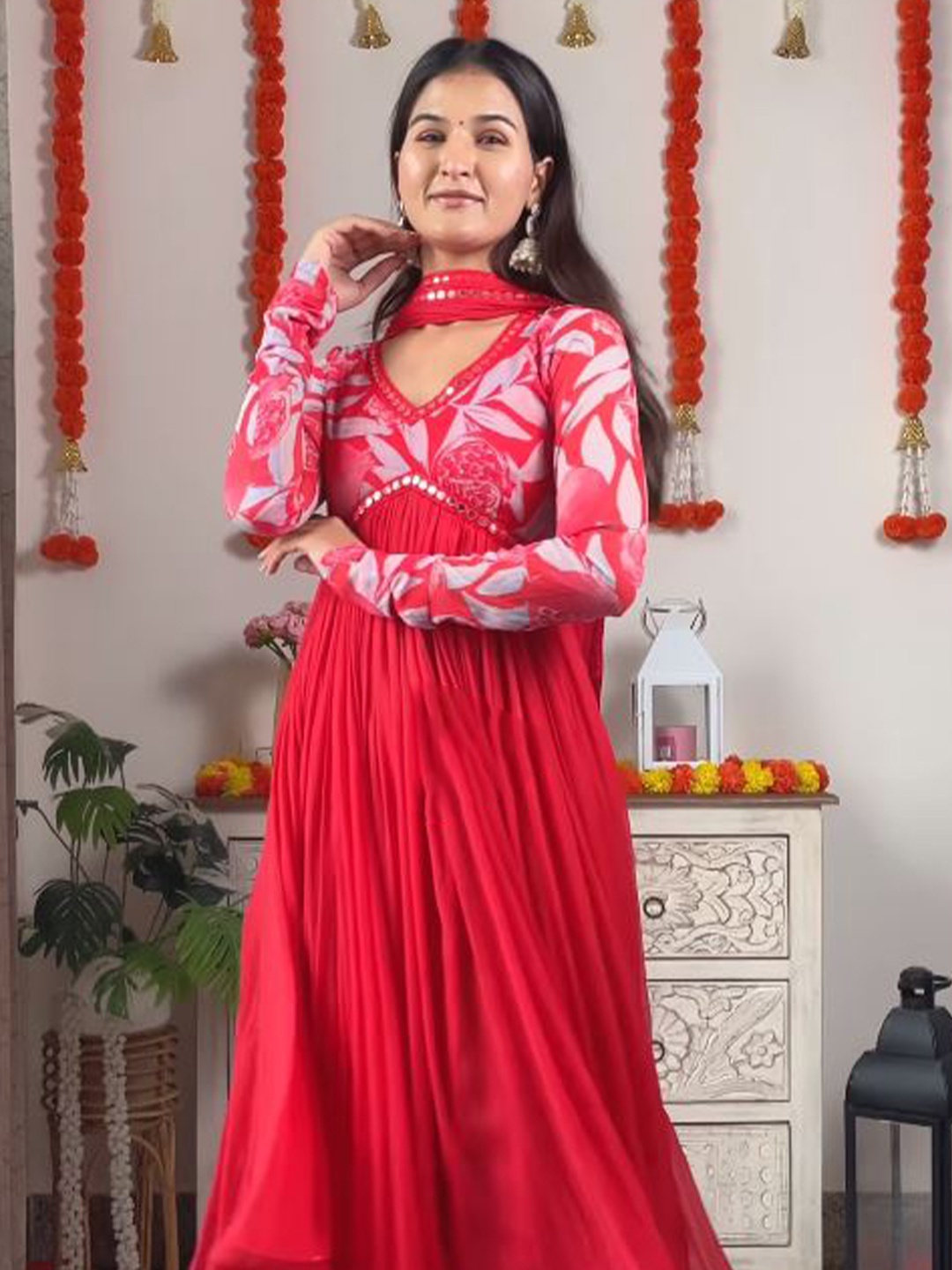 

KALINI Printed Fit & Flared Maxi Ethnic Dress With Dupatta, Red