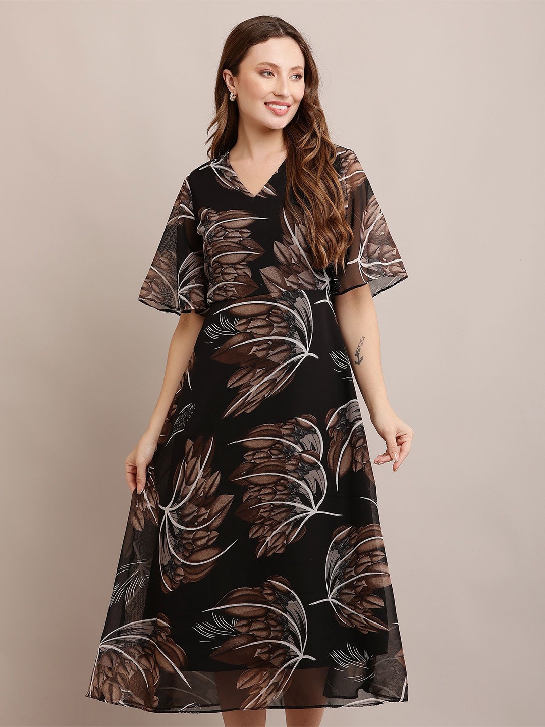 

SHAHVEER CREATION Floral Print Georgette Fit & Flare Midi Dress, Black