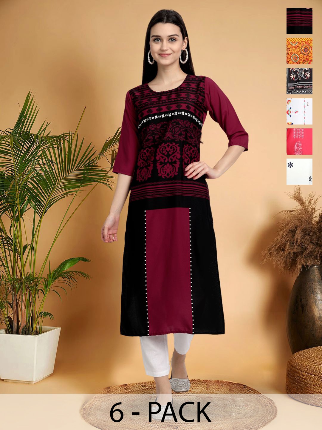 

7Threads Selection Of 6 Ethnic Motifs Printed Round Neck Kurtas, Maroon