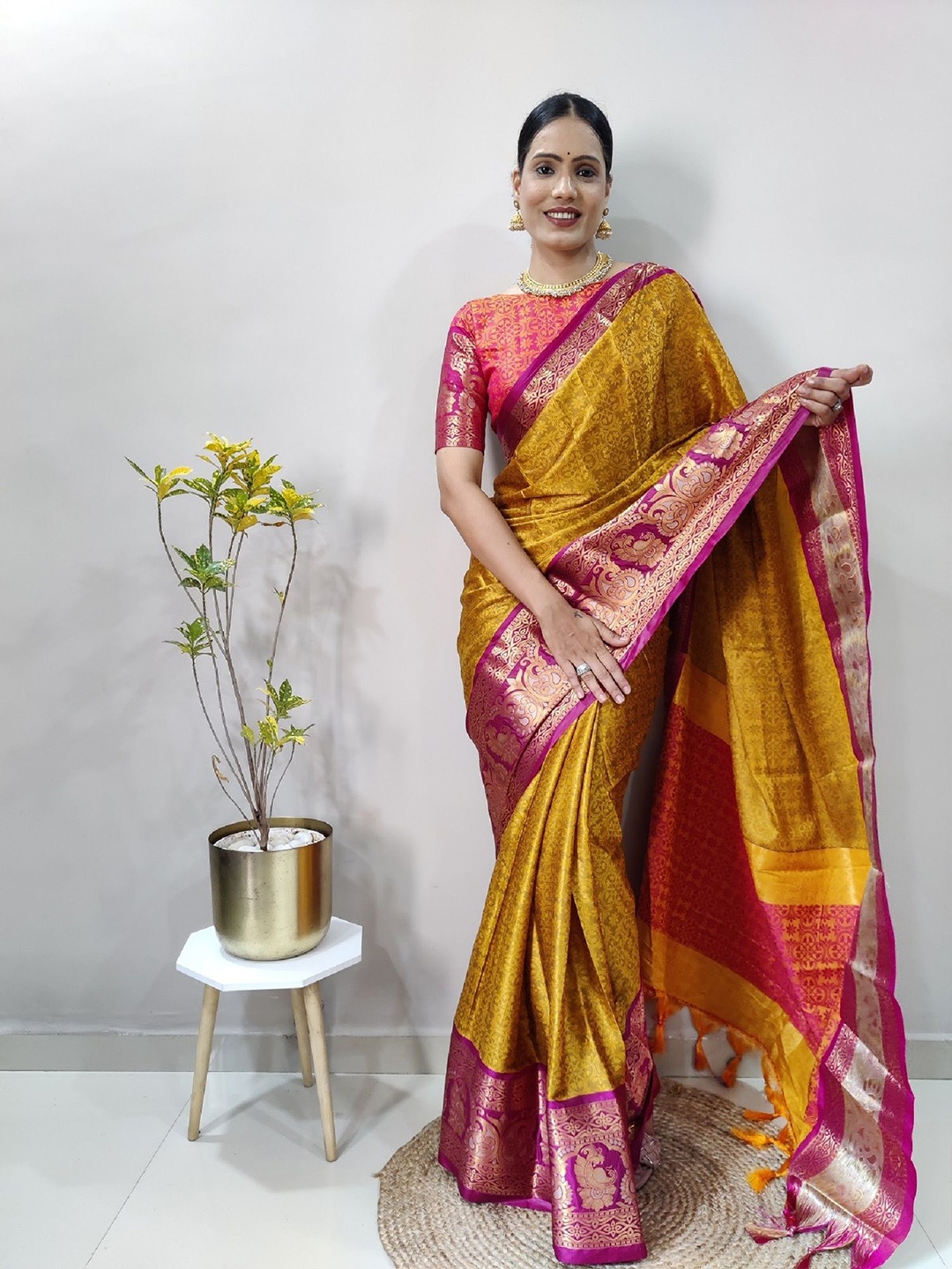 

A TO Z CART Woven Design Zari Pure Silk Banarasi Saree, Mustard