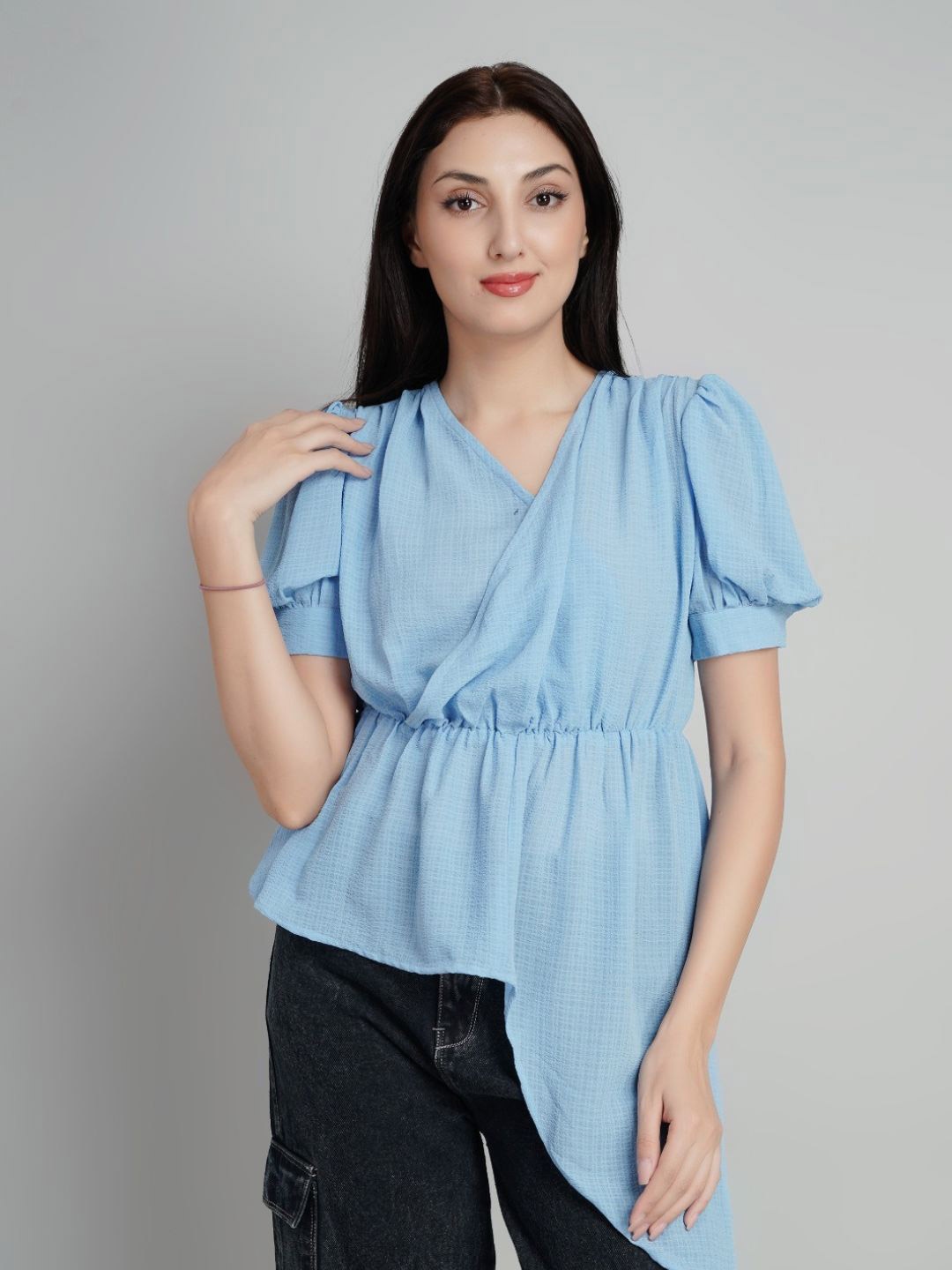 

Kiarabel Retail Puff Sleeve Crepe Wrap Top, Blue