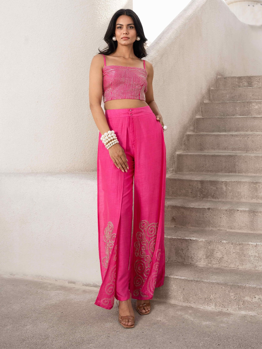 

Pallavi Jaipur Embroidered Top With Palazzo And Shrug, Pink