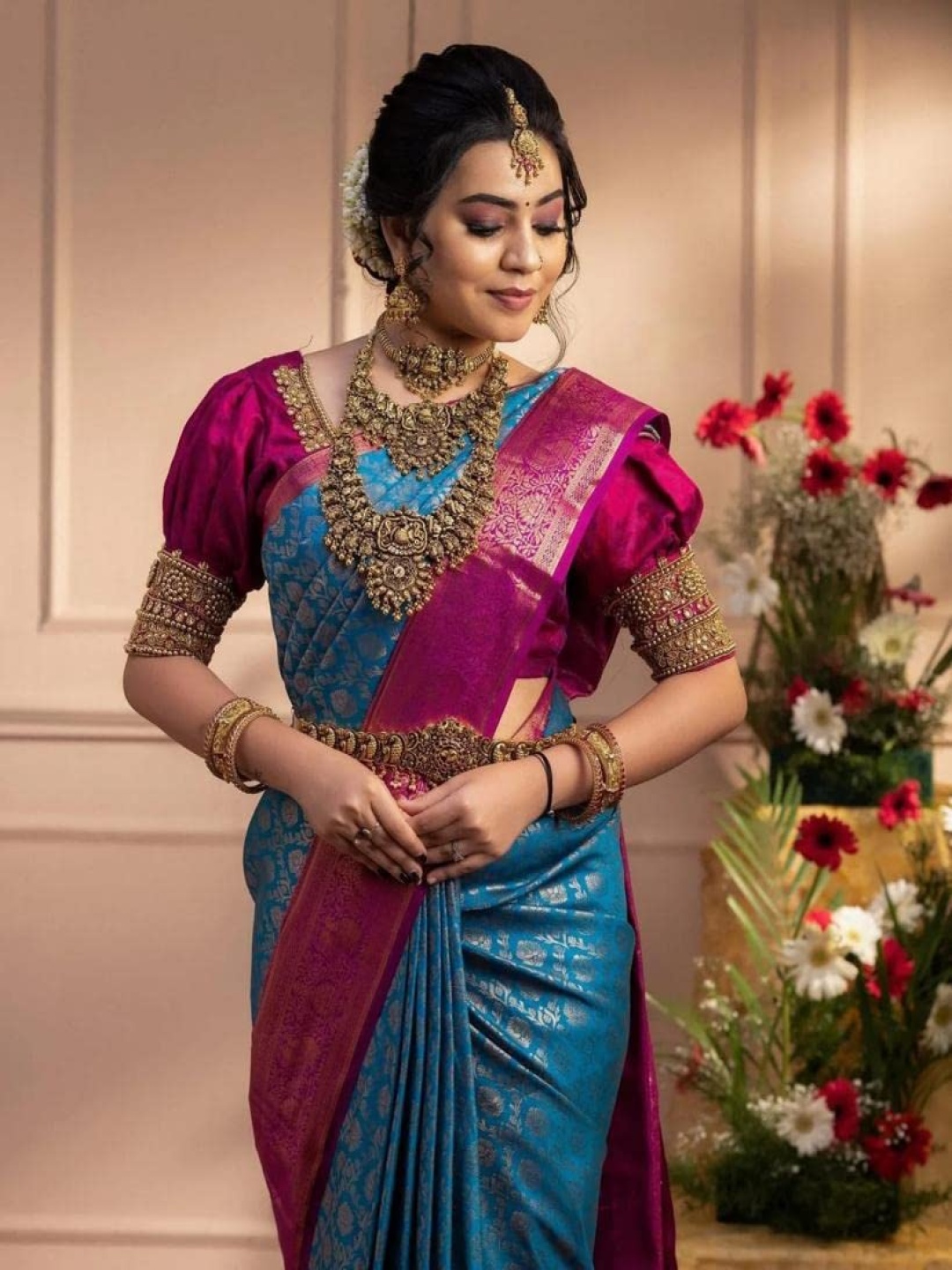 

KALINI Woven Design Zari Silk Cotton Kanjeevaram Saree, Blue