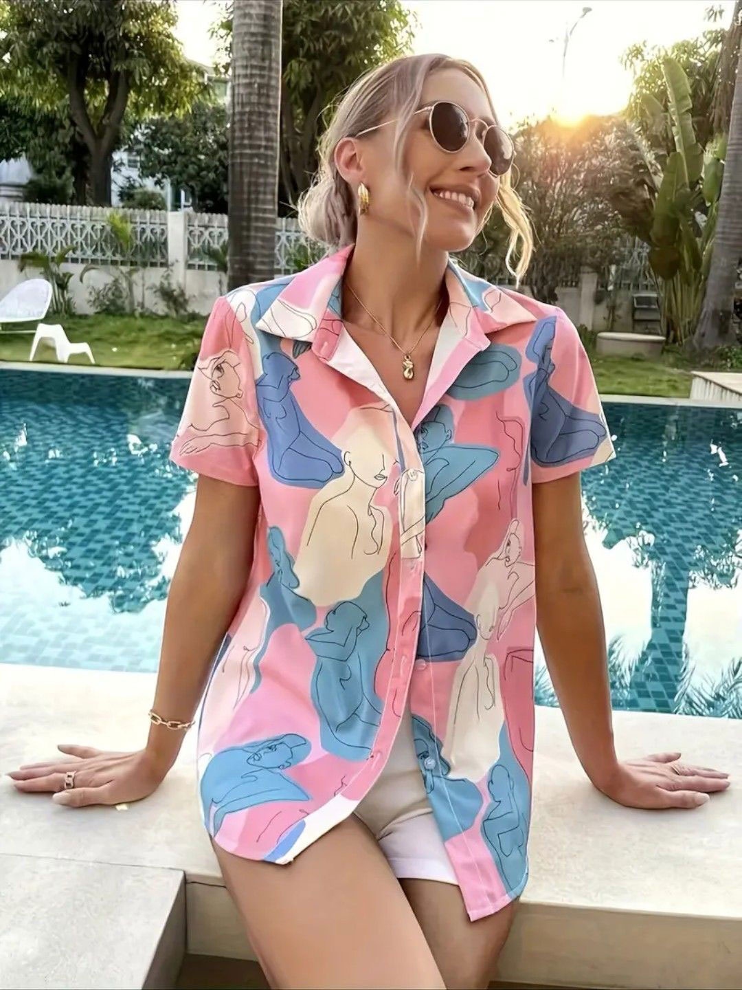 

RIEKA Women Comfort Relaxed Fit Cutaway Collar Abstract Printed Casual Shirt, Pink