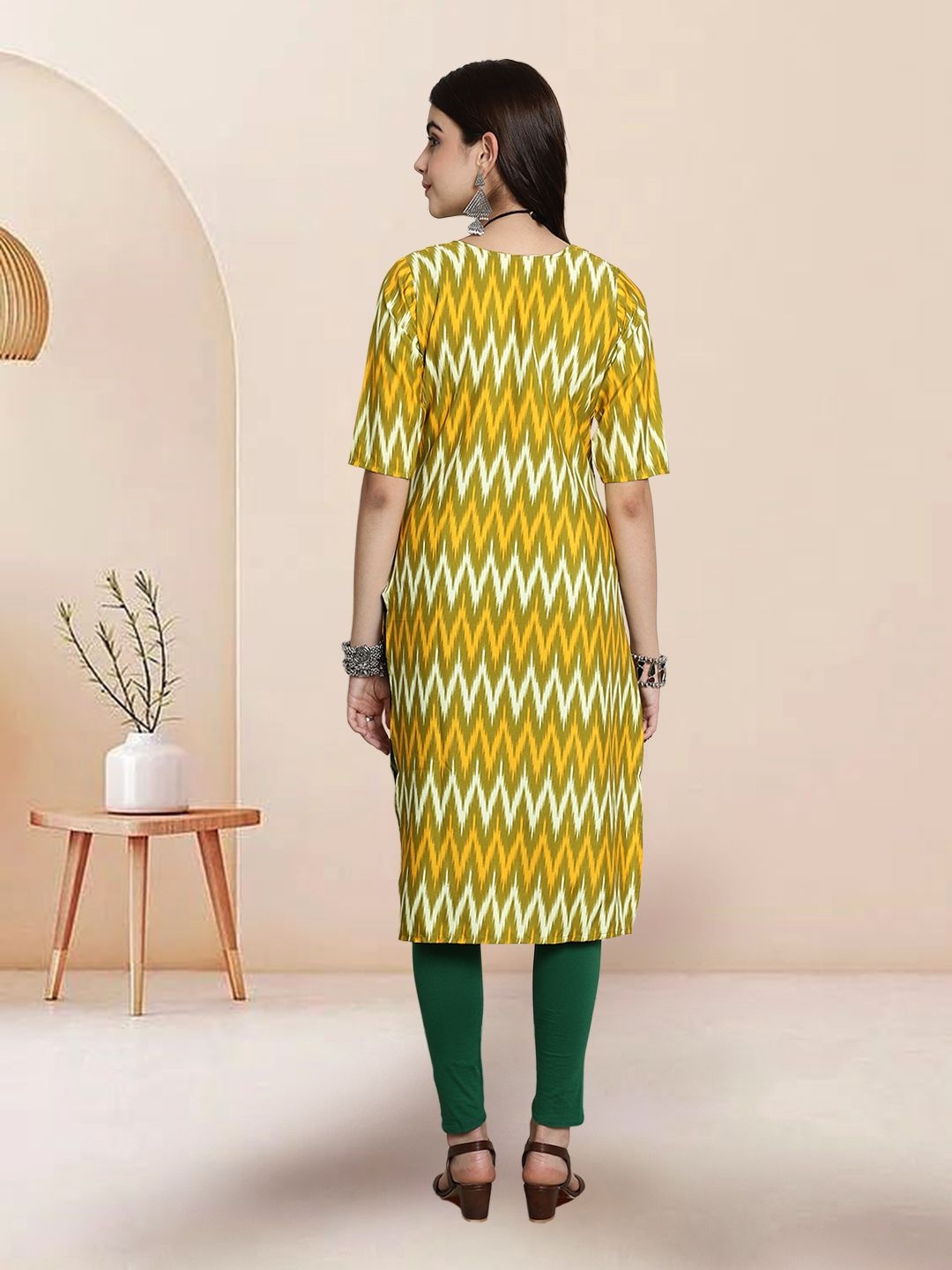 

7Threads Selection Of 6 Chevron Printed Round Neck Kurtas, Yellow