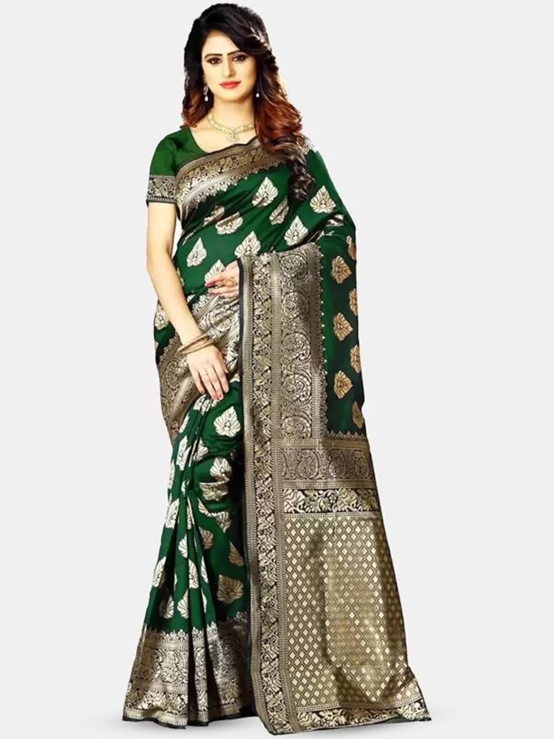 

SAADHVI Floral Zari Pure Silk Designer Kanjeevaram Saree, Green