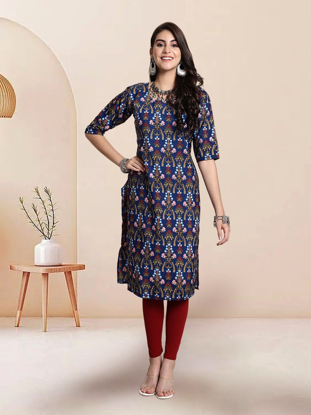 

7Threads Selection Of 3 Ethnic Motifs Printed Round Neck Kurtas, Blue