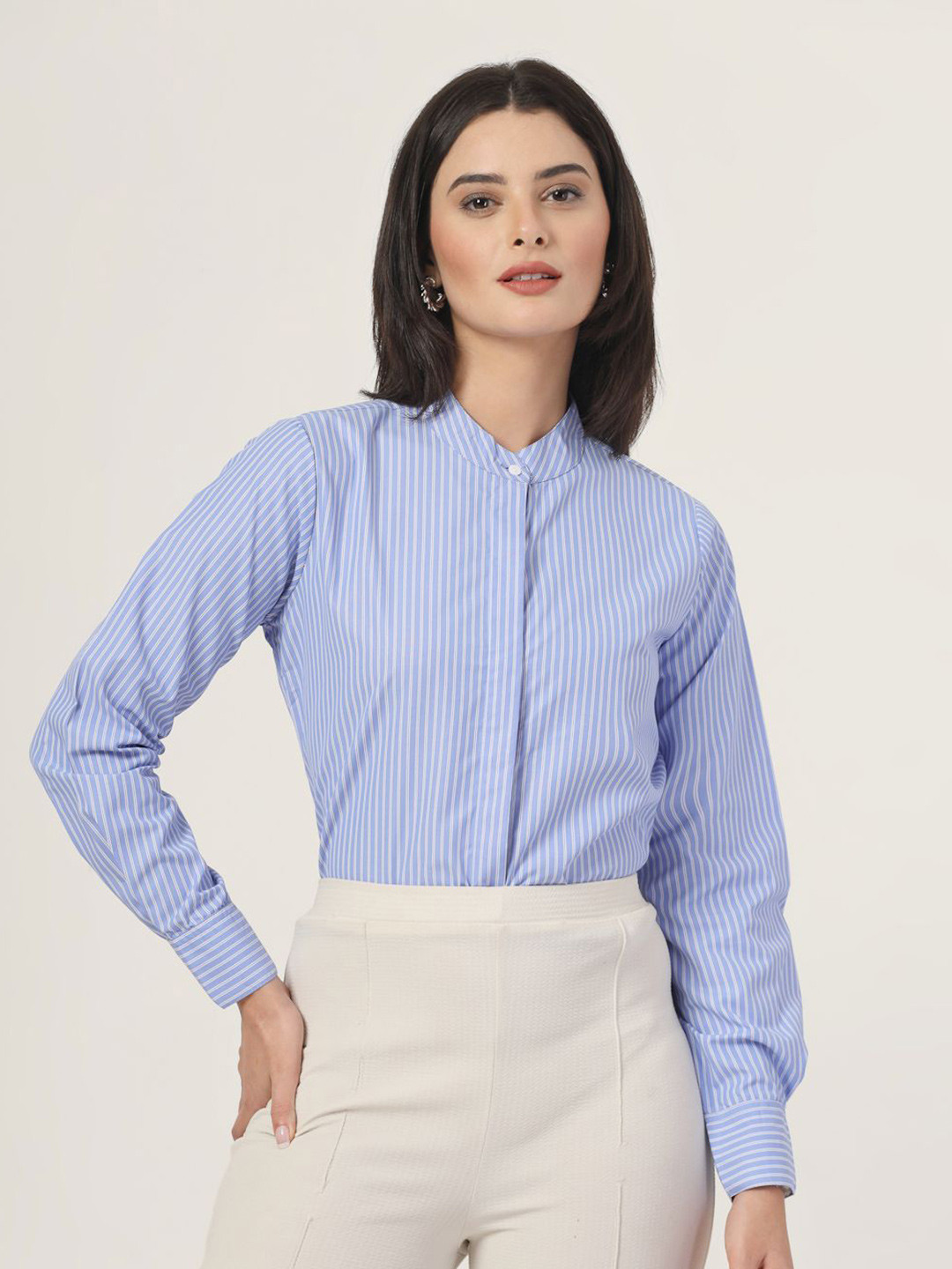

Style Quotient Women Smart Band Collar Vertical Striped Formal Shirt, Blue
