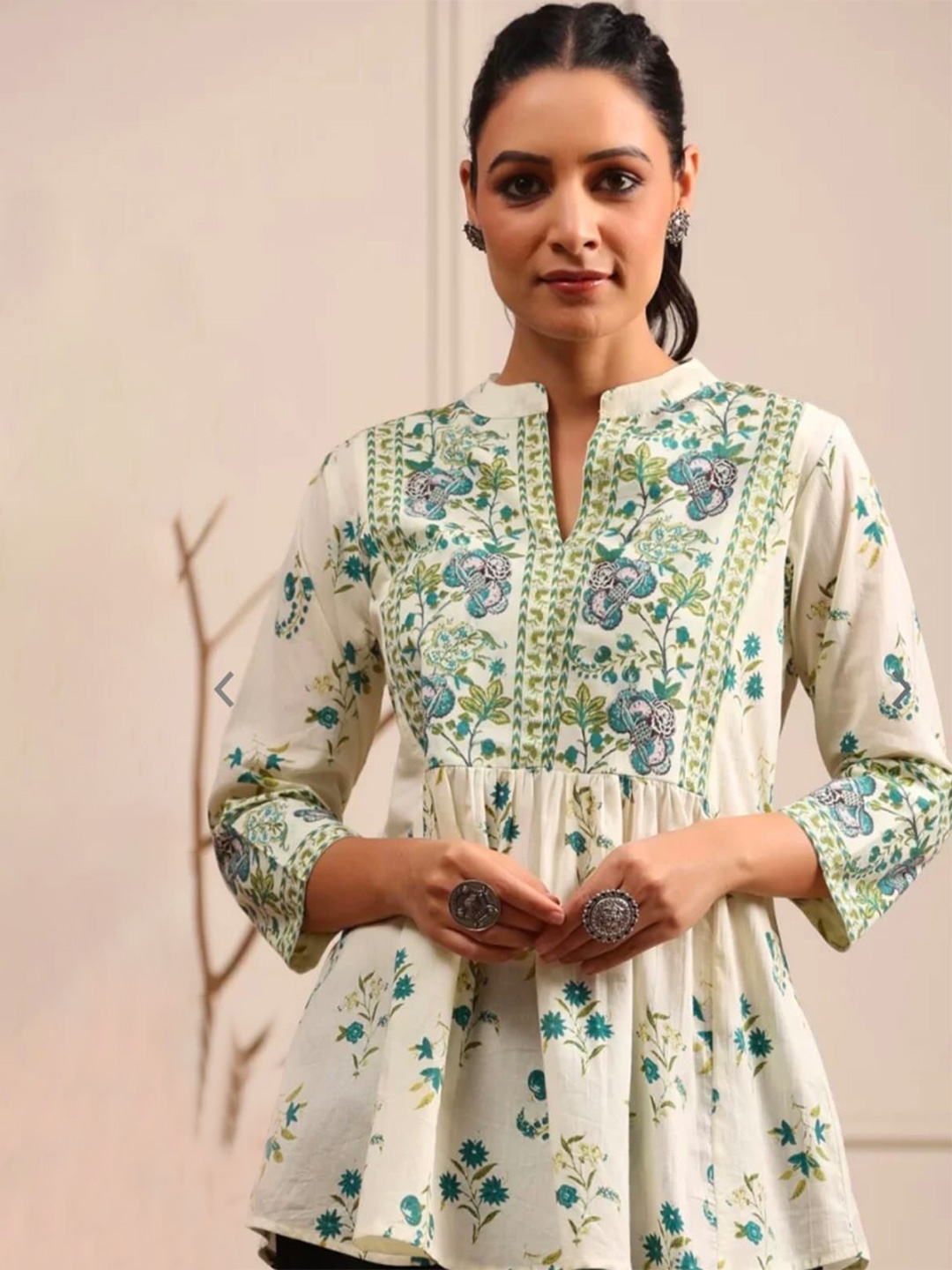 

SITA FASHION HUB Floral Printed V-Neck Pure Cotton Anarkali Kurti, Cream