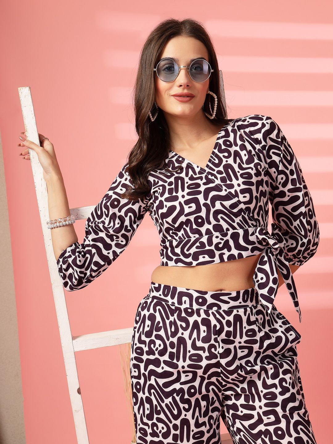 

Indibelle Printed V-Neck Pure Cotton Top With Trouser, Purple