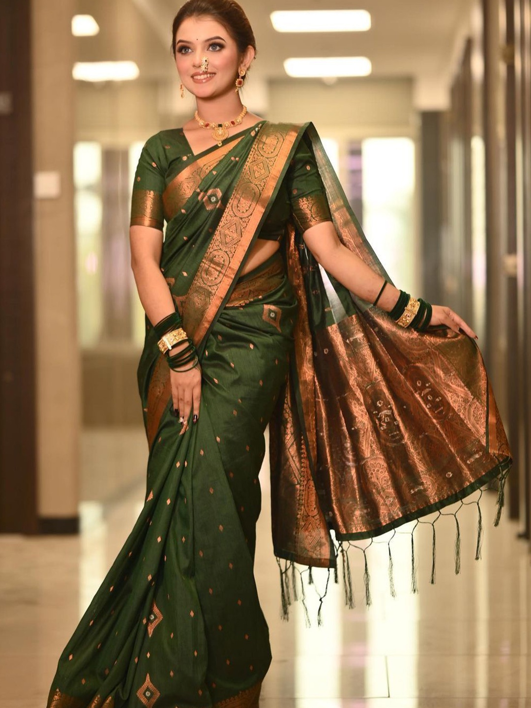 

A TO Z CART Woven Design Zari Pure Silk Saree, Green