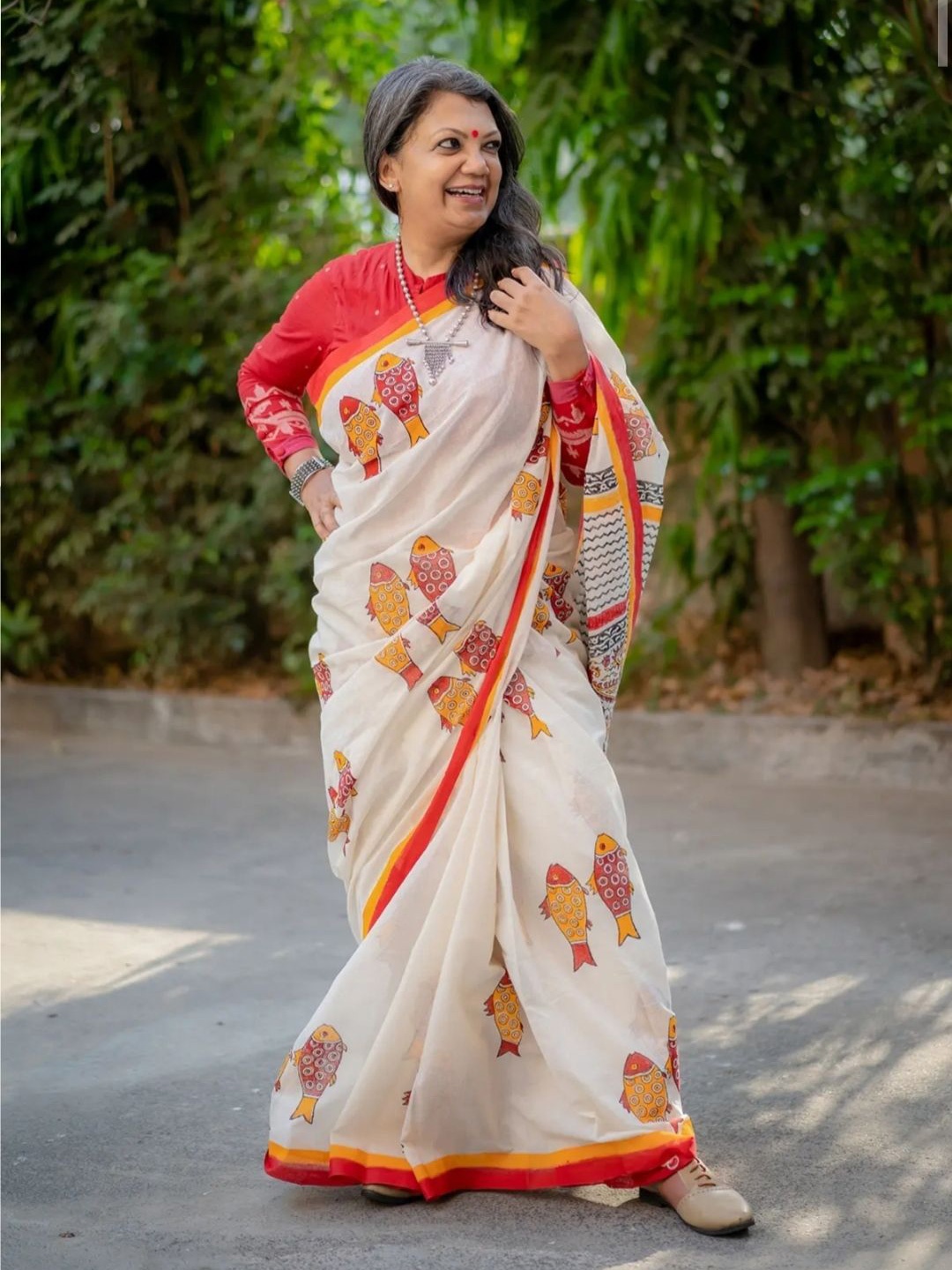 

Dora by Phoenix Ethnic Motifs Pure Cotton Block Print Saree, Red