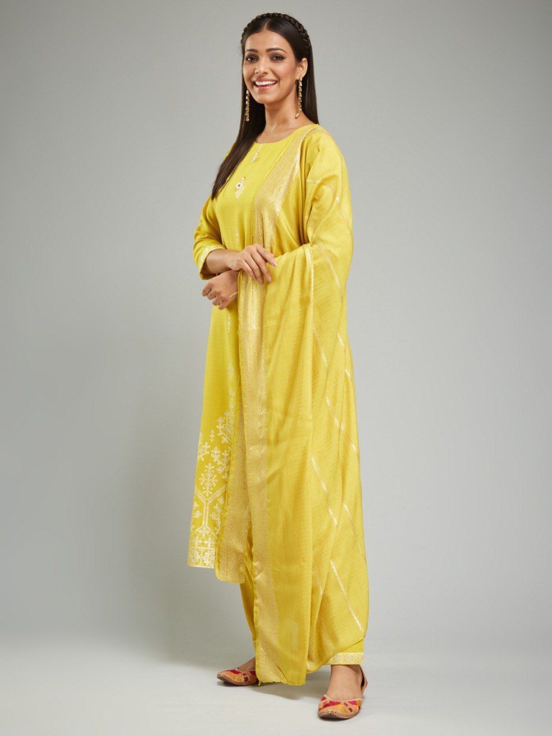 

A TO Z CART Ethnic Motifs Embroidered Chanderi Silk Kurta With Trouser And Dupatta, Yellow