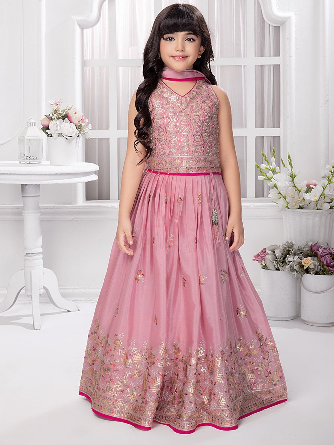 

Tiny Kingdom Girls Embroidered Ready to Wear Lehenga & Blouse With Dupatta, Peach