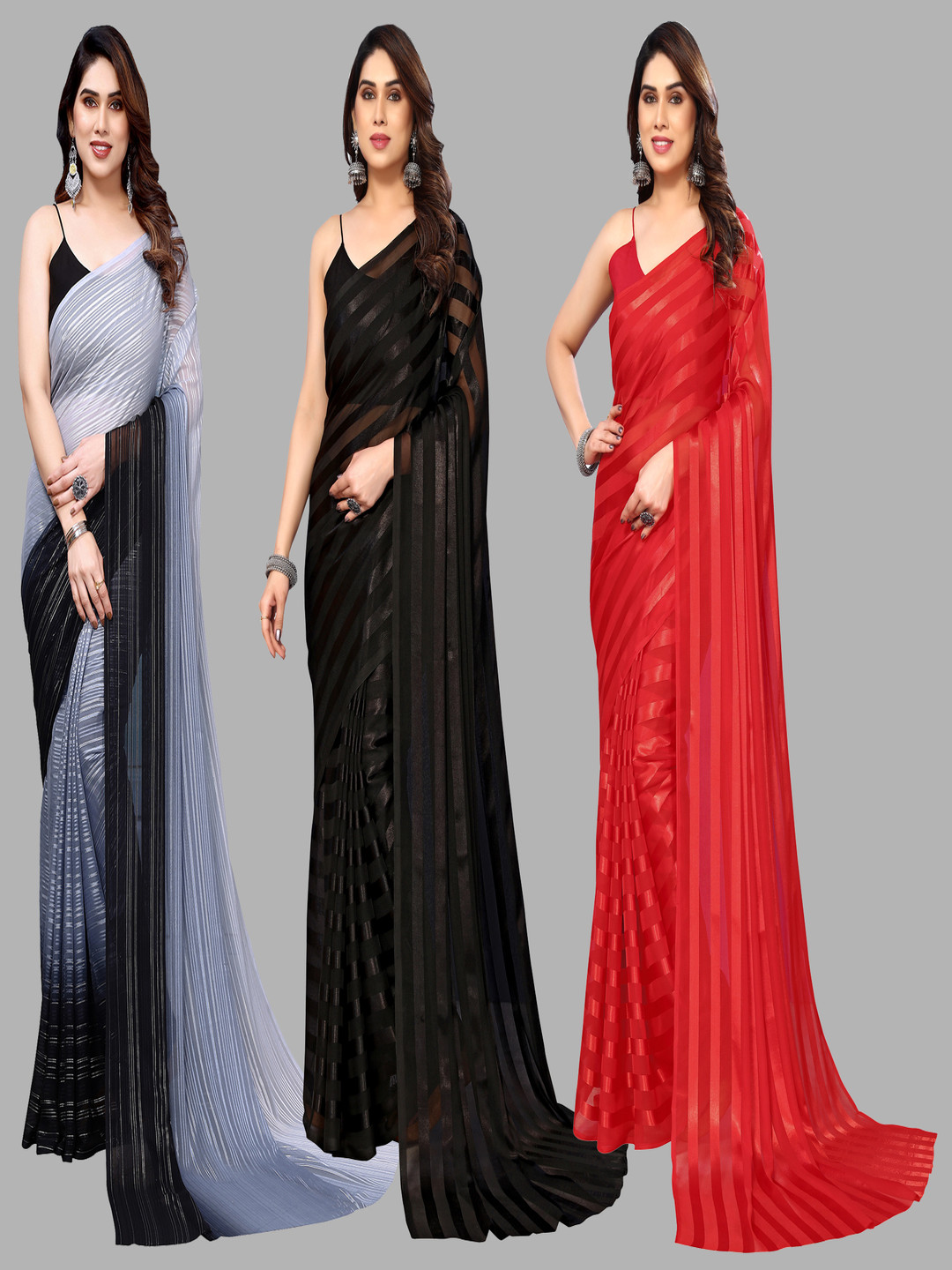 

ANAND SAREES Striped Satin Saree, Black