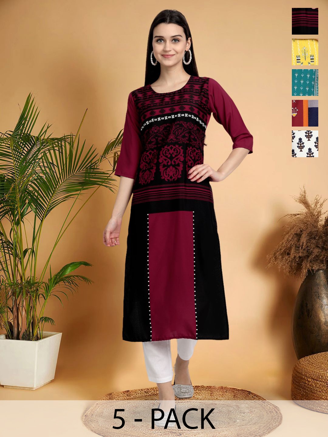 

7Threads Selection Of 5 Ethnic Motifs Printed Round Neck Straight Kurtas, Black