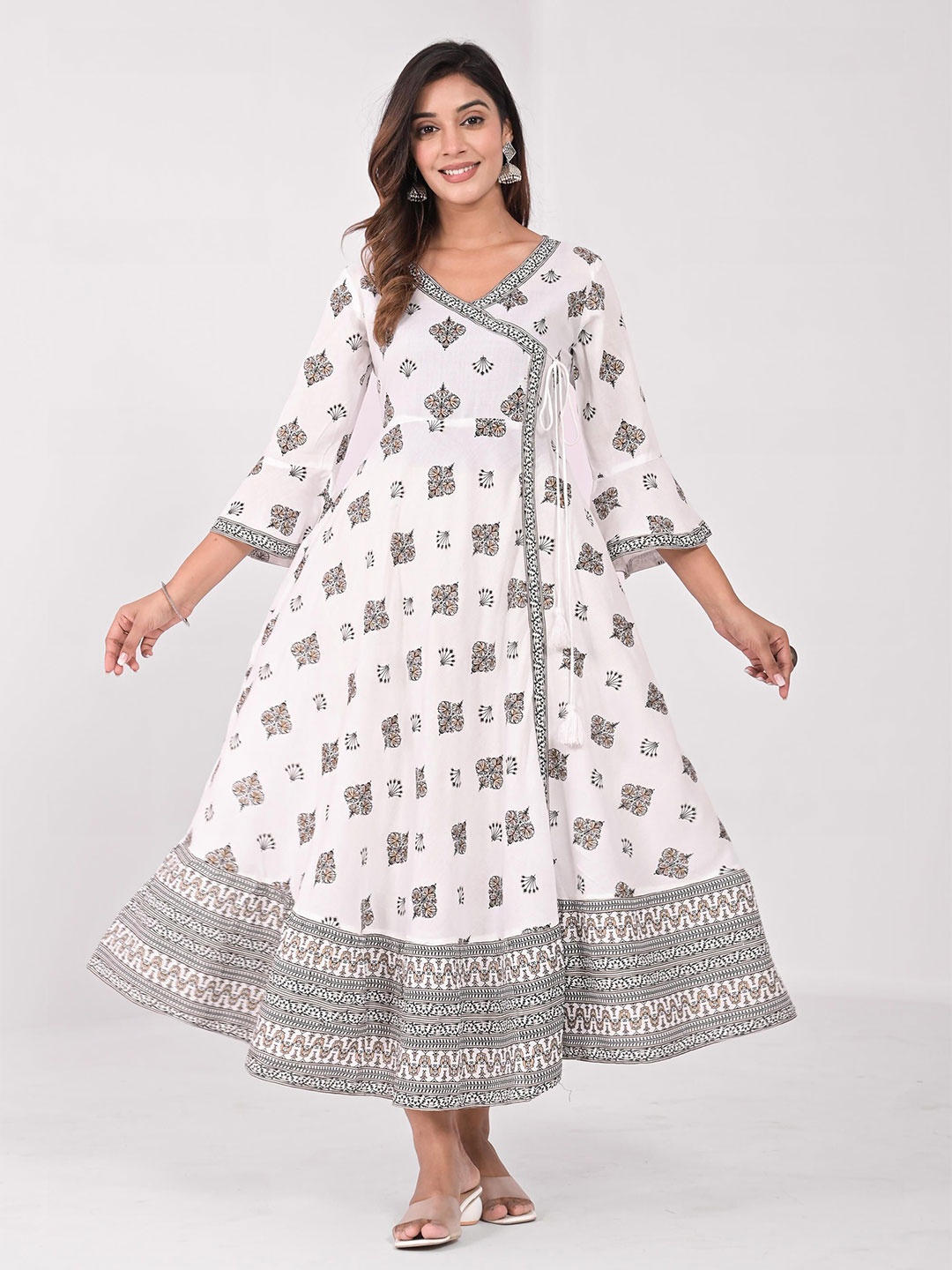 

KASHISHIYA Ethnic Motifs Print Bell Sleeve Fit & Flare Maxi Dress, White