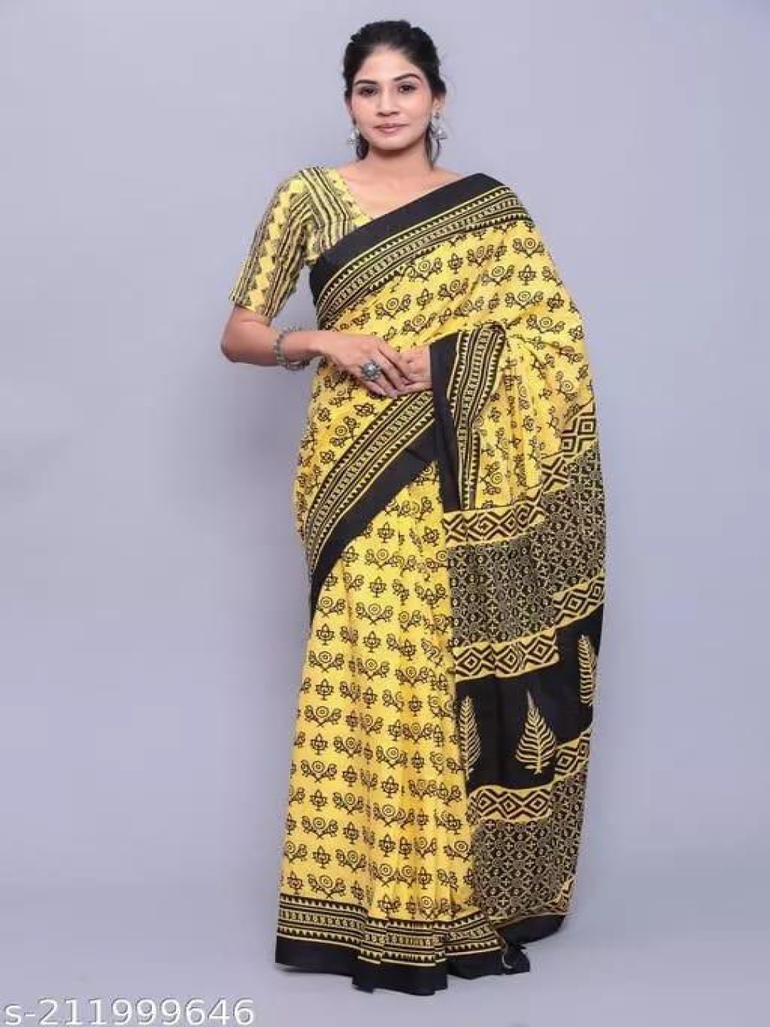 

TROPWEAR Ethnic Motifs Linen Blend Block Print Saree, Yellow