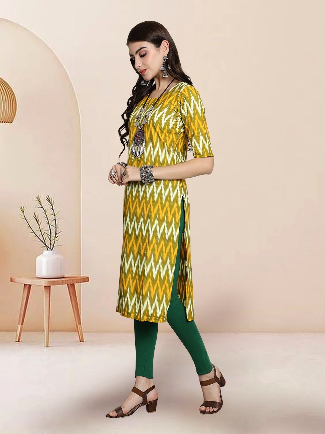 

7Threads Selection Of 3 Geometric Printed Round Neck Straight Kurtas, Yellow