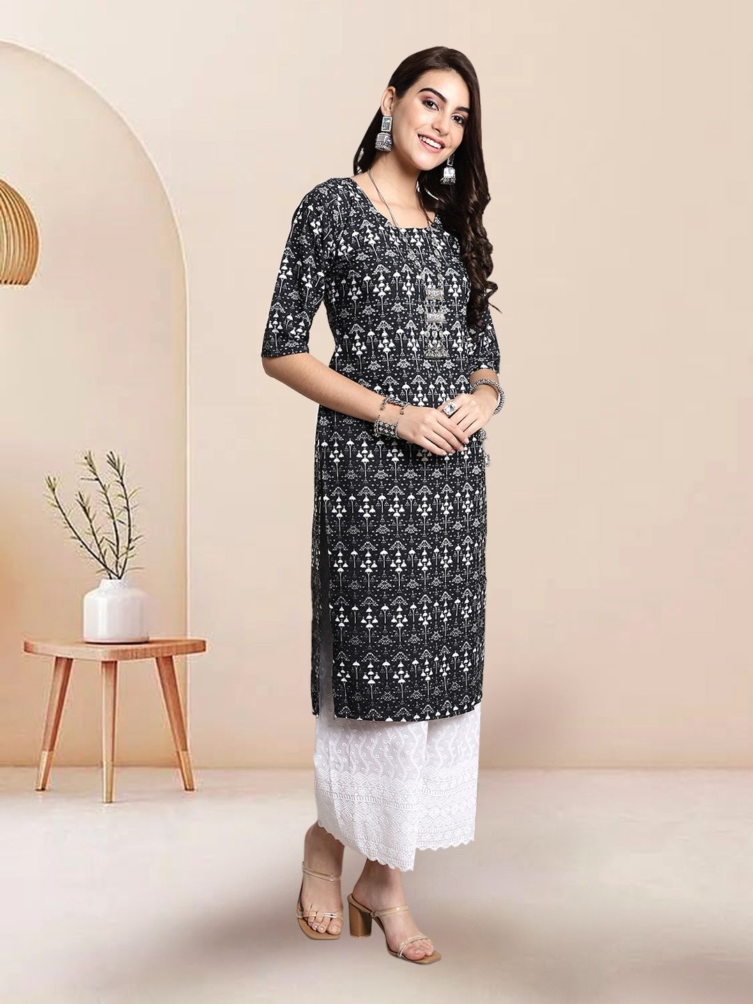 

7Threads Selection Of 3 Ethnic Motifs Printed Round Neck Straight Kurtas, Black