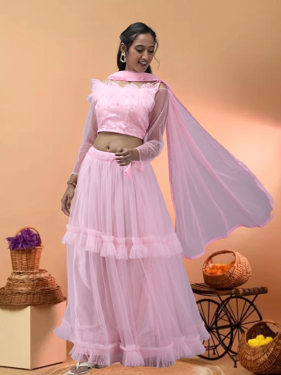 

MAGMINA Embellished Beads Semi-Stitched Lehenga & Unstitched Blouse With Dupatta, Pink