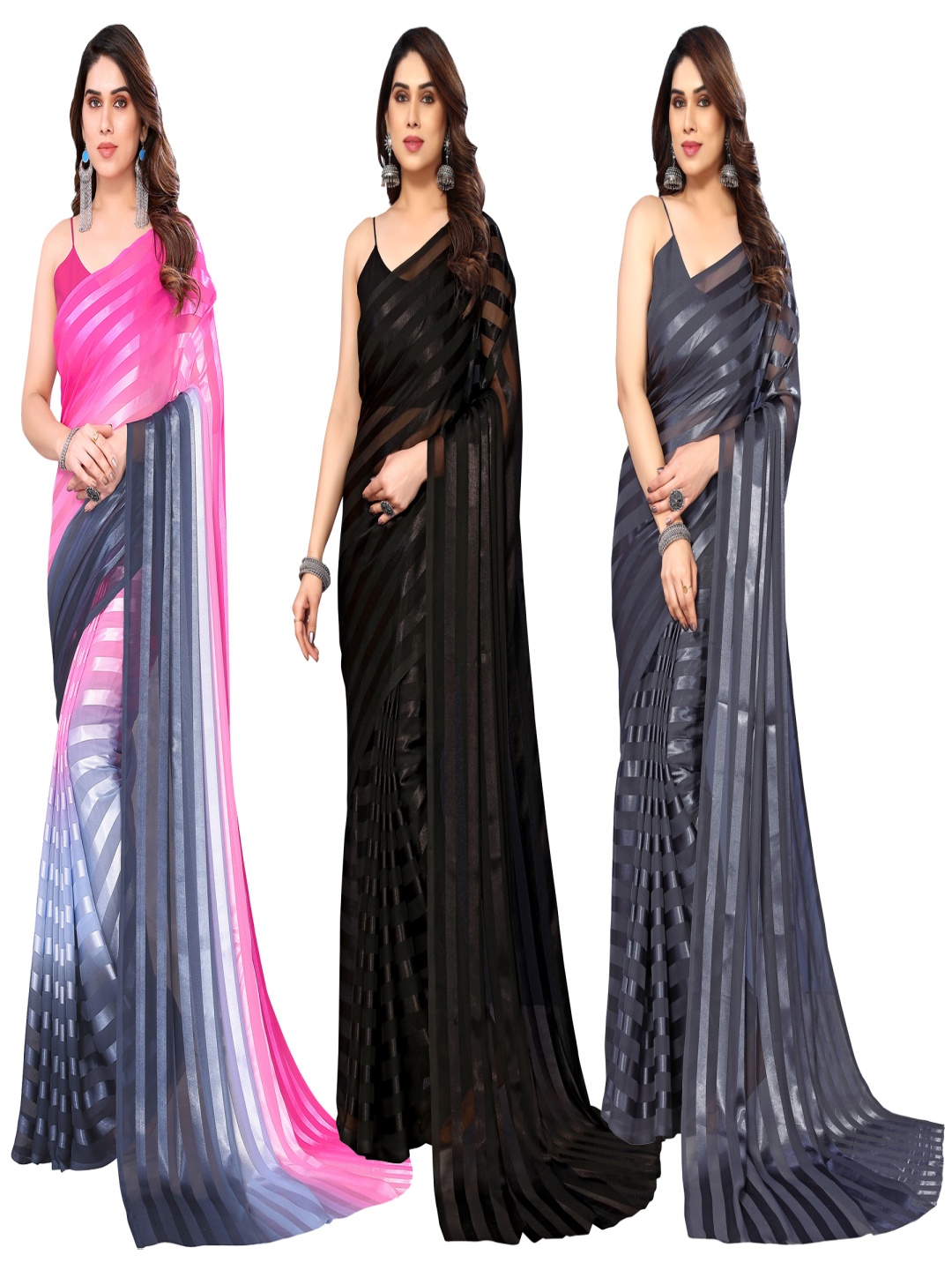 

ANAND SAREES Striped Satin Saree, Pink