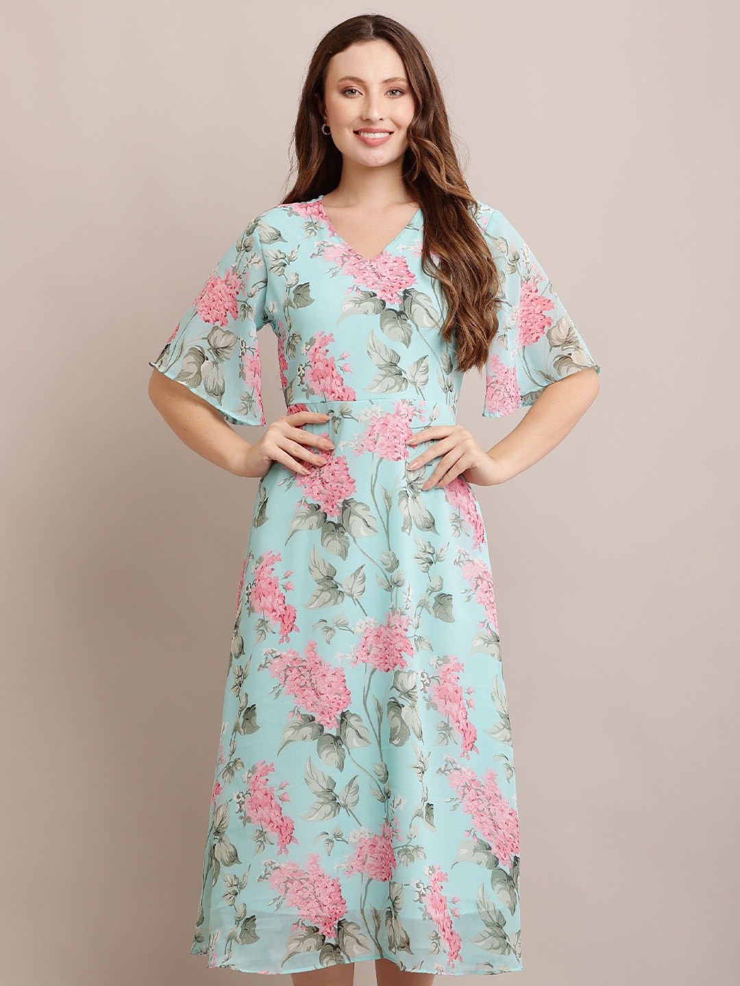 

SHAHVEER CREATION Floral Print Georgette Fit & Flare Midi Dress, Blue