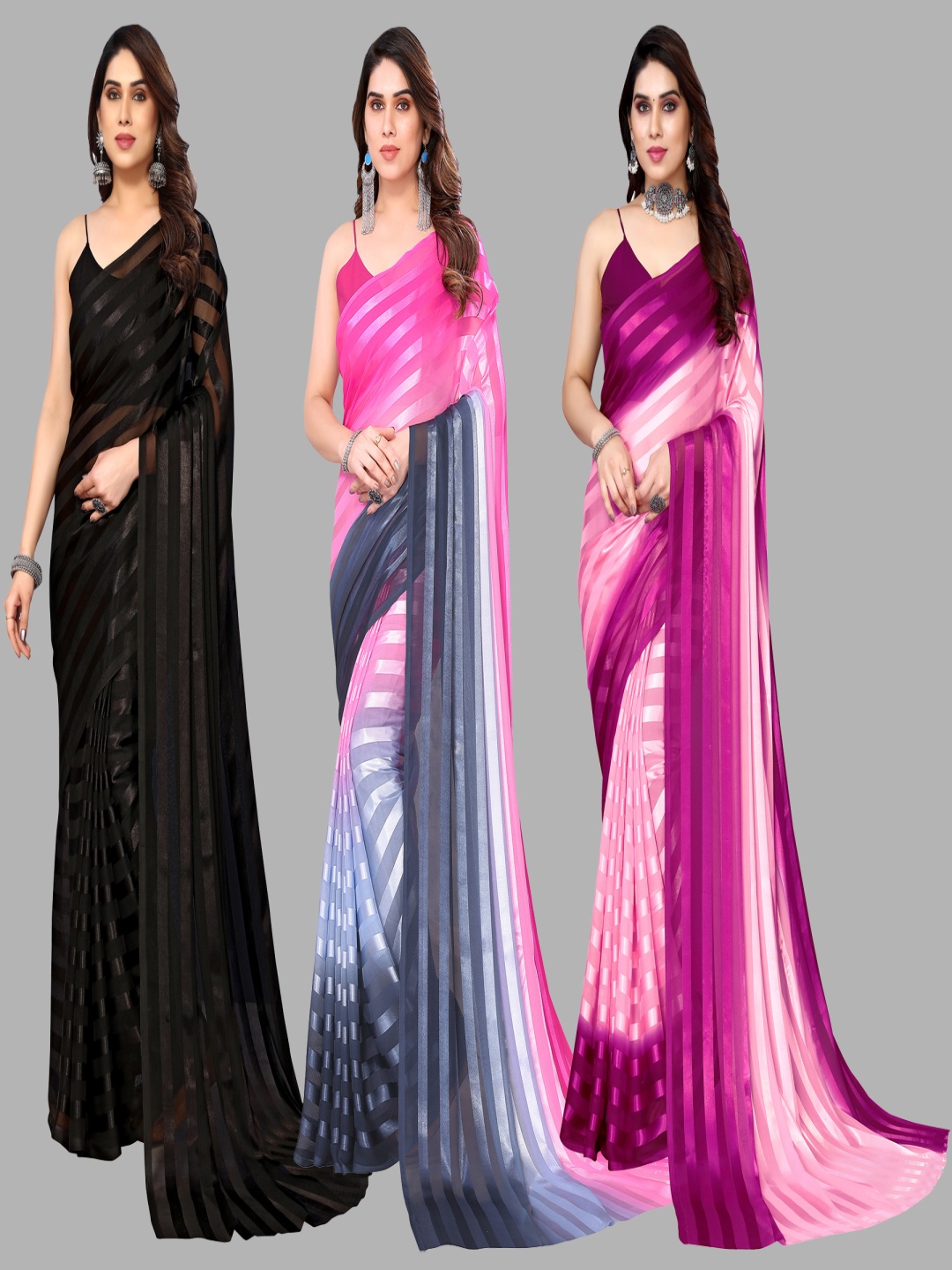 

ANAND SAREES Striped Satin Saree, Black