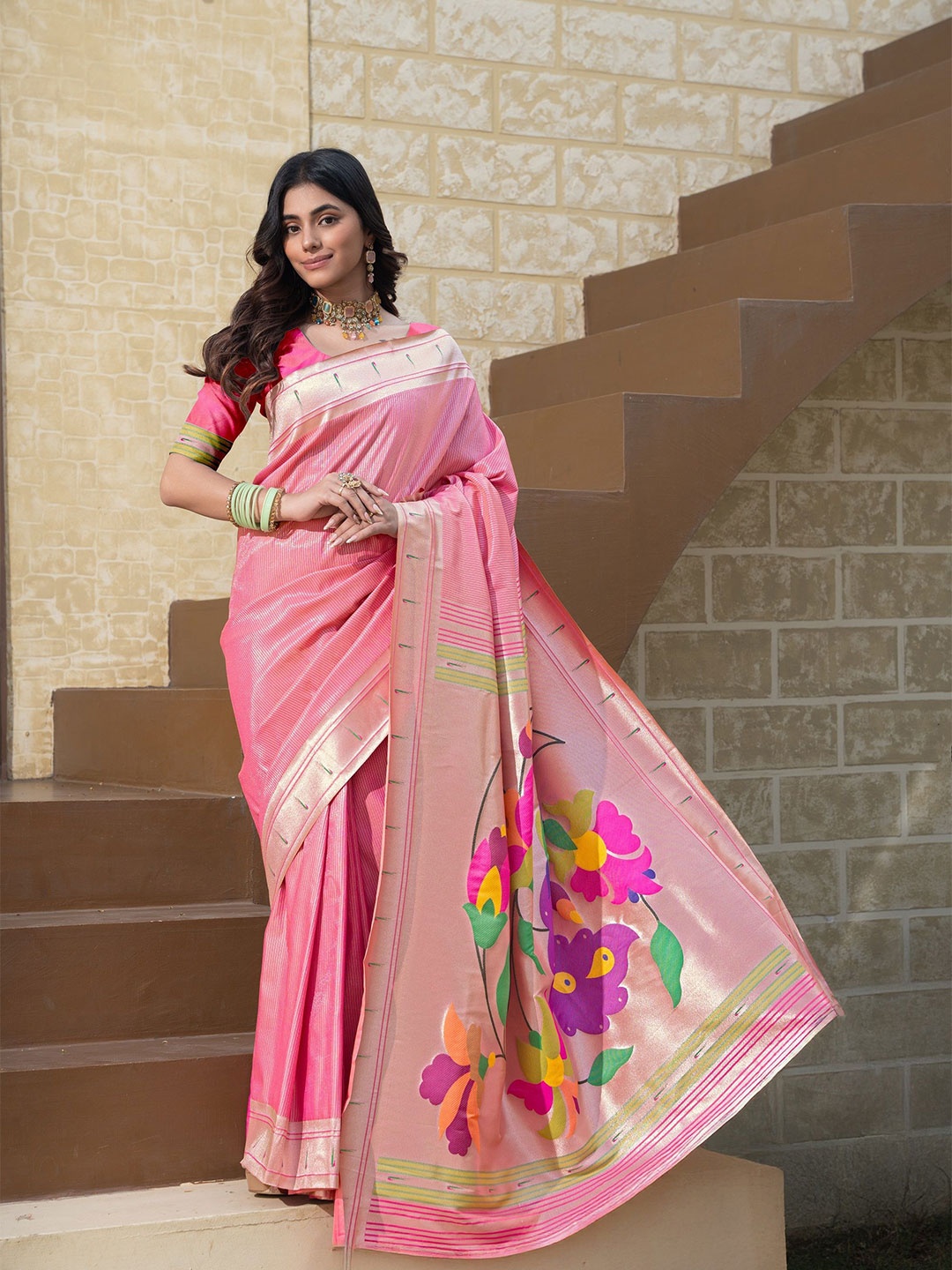 

MAHALASA Ethnic Motifs Zari Pure Silk Paithani Saree, Pink