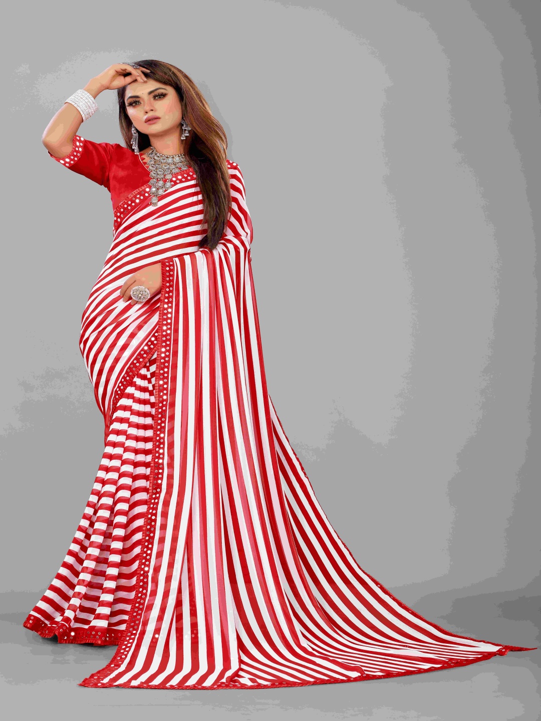 

Flip The Style Sequinned Leheriya Pure Georgette Saree, Red