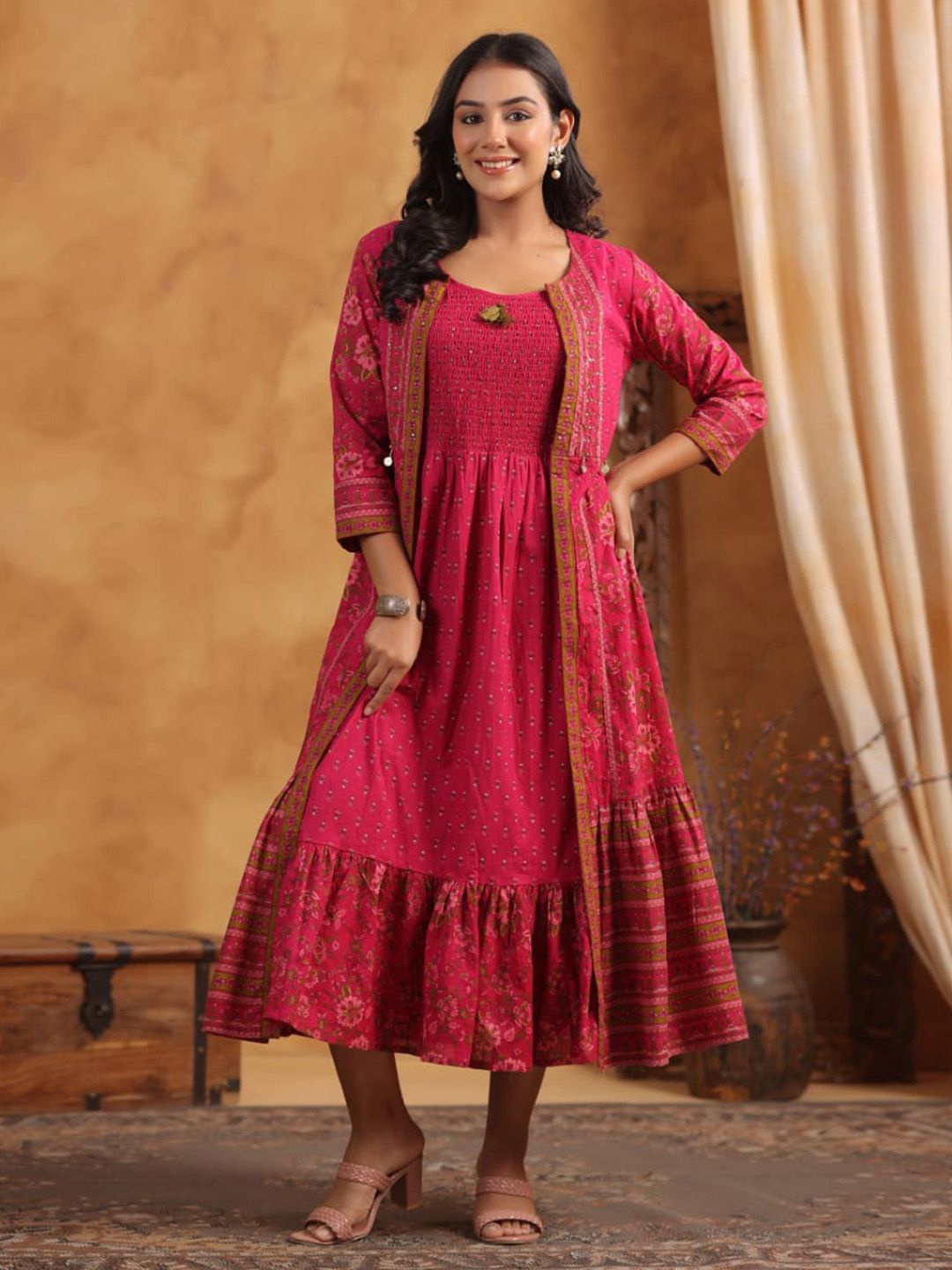 

Meena Bazaar Ethnic Motifs Print Fit & Flare Midi Dress, Pink