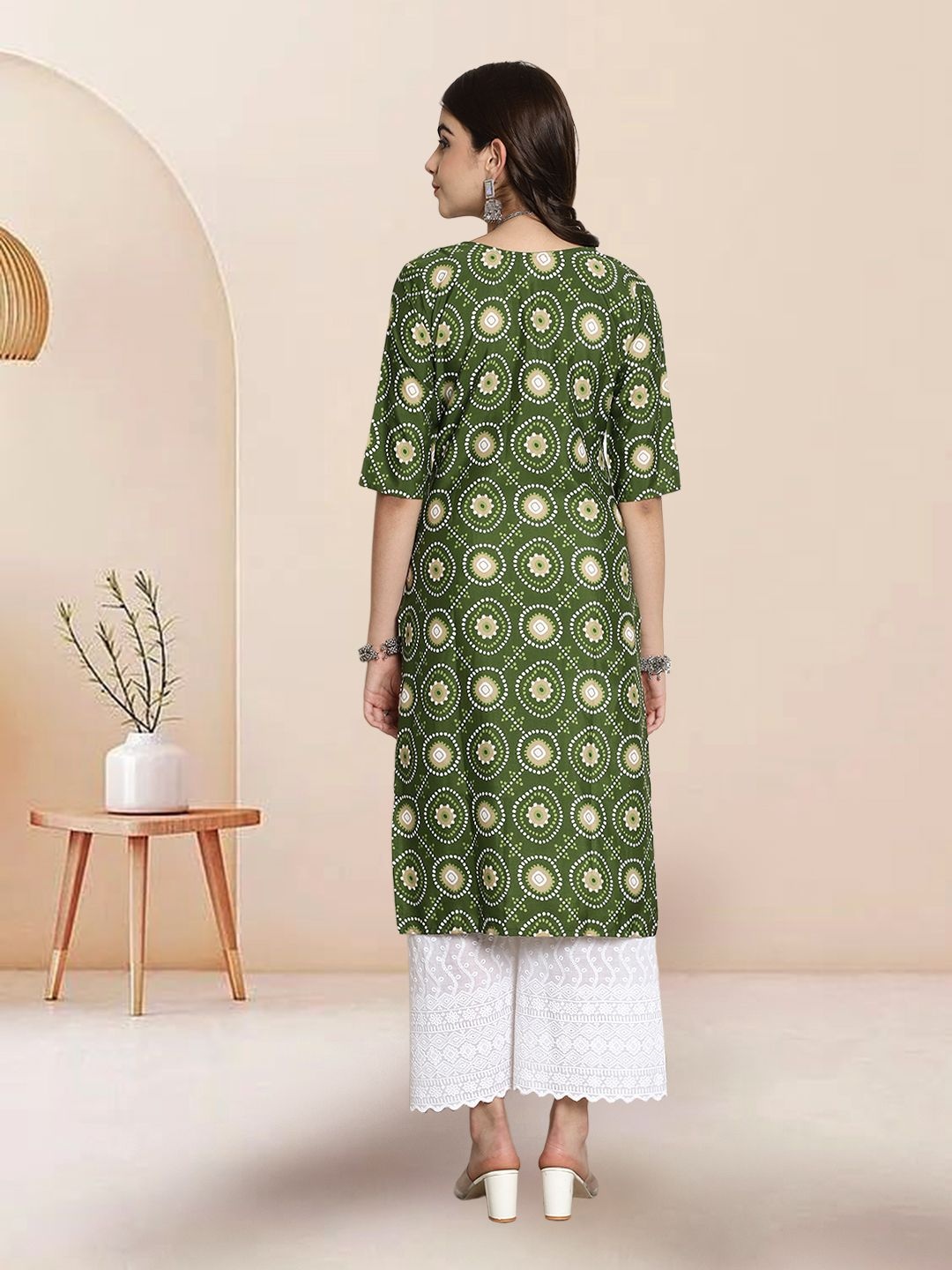 

7Threads Selection Of 3 Ethnic Motifs Printed Round Neck Straight Kurtas, Olive