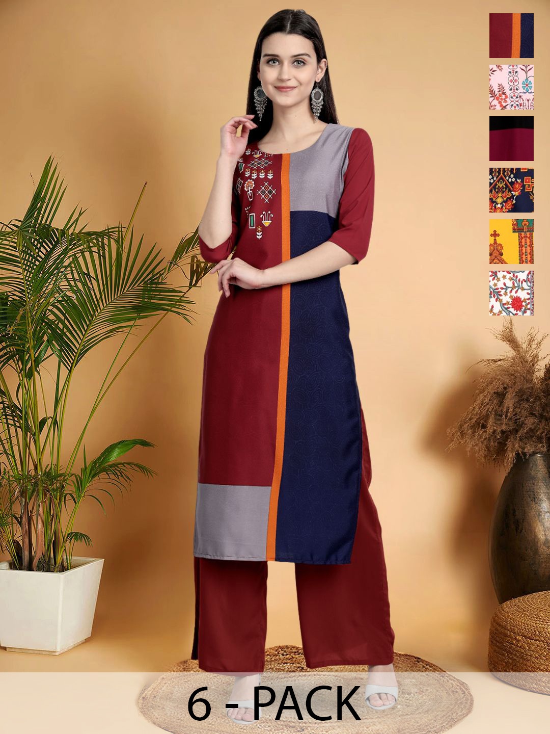 

7Threads Selection Of 6 Colourblocked Round Neck Straight Kurtas, Maroon