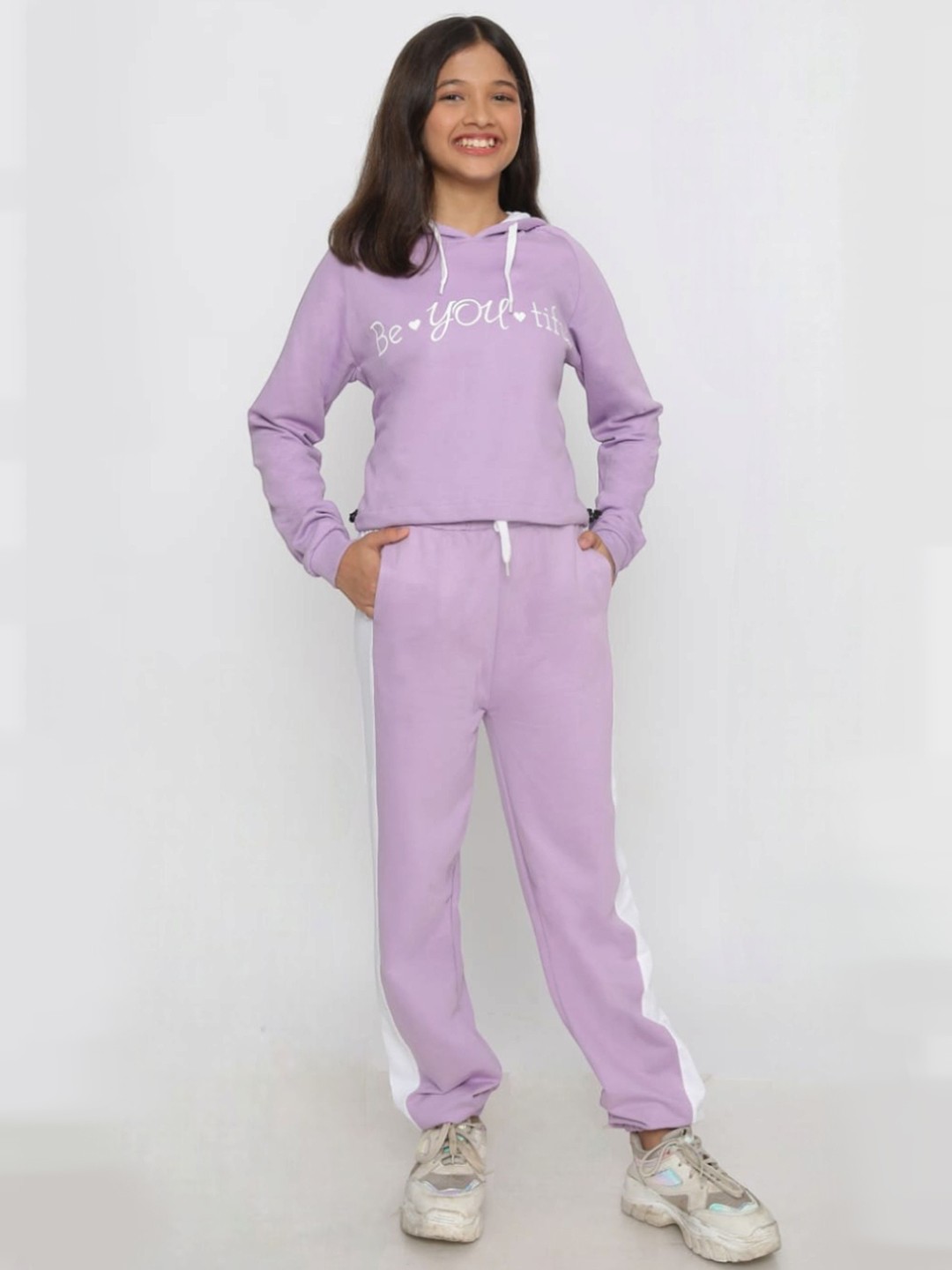 

TotzTouch Girls Printed Hooded Pure Cotton Sweatshirt With Jogger, Purple