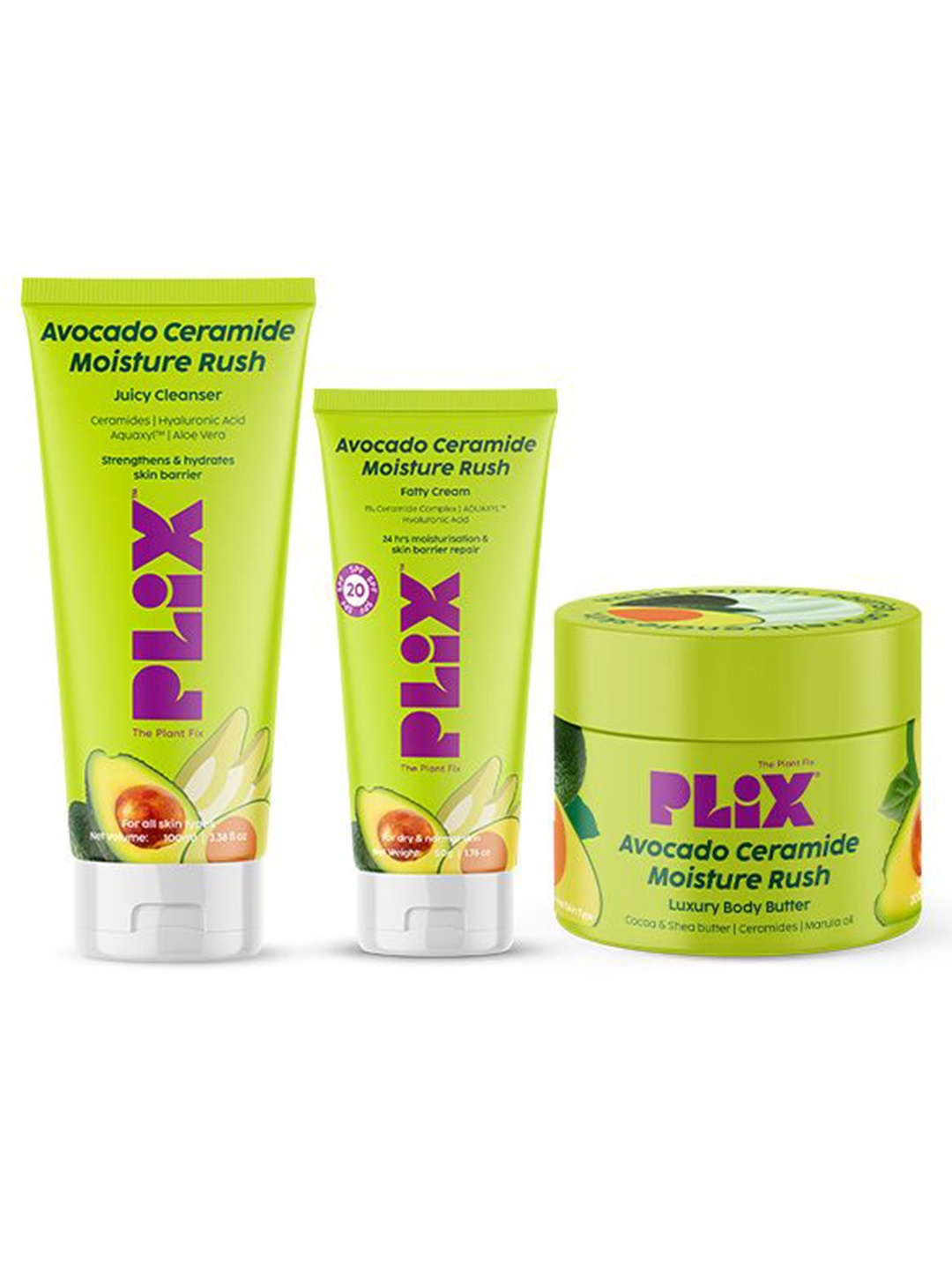 

PLIX THE PLANT FIX Set of 3 Avocado Ceramide Moisture Rush Cleanser, Body Butter & Cream, Green