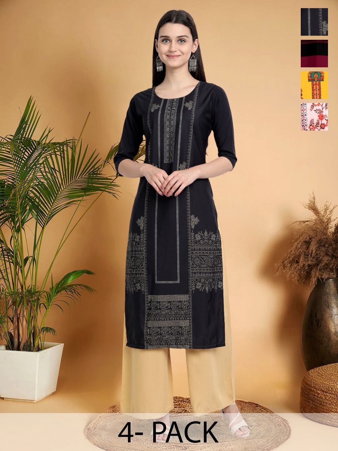 

7Threads Selection Of 4 Ethnic Motifs Printed Round Neck Straight Kurtas, Black