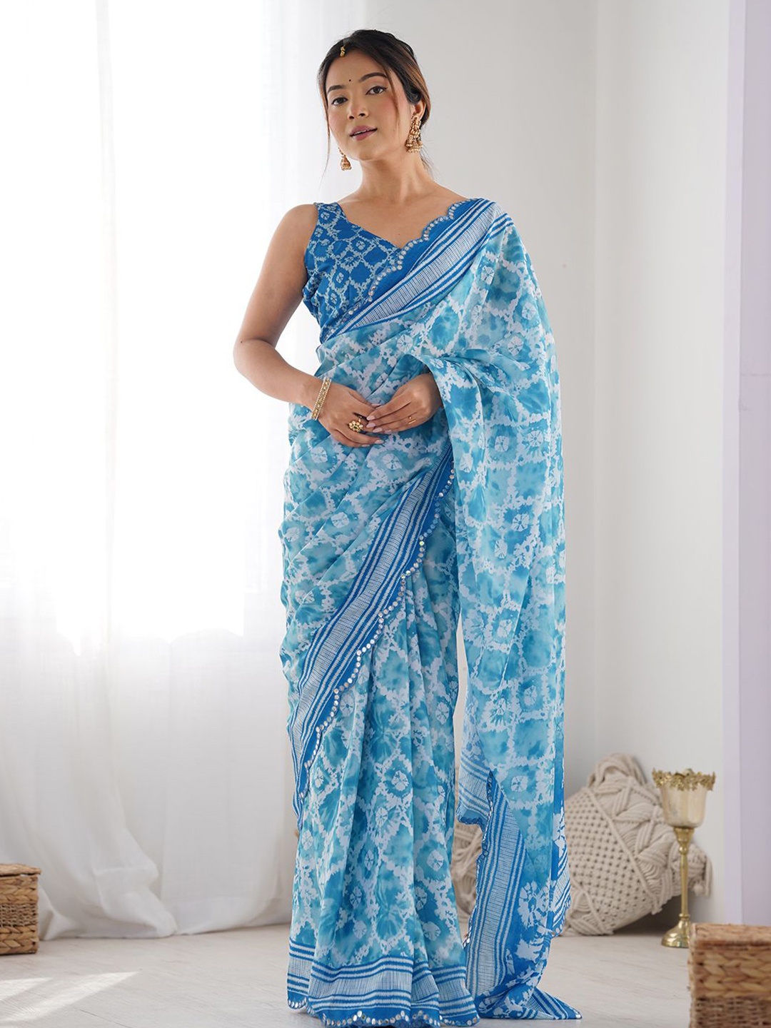 

Panzora Mirror Work Poly Chiffon Designer Saree, Blue