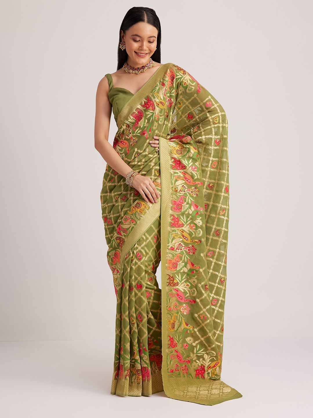 

KALKI Fashion Floral Zari Poly Georgette Saree, Green