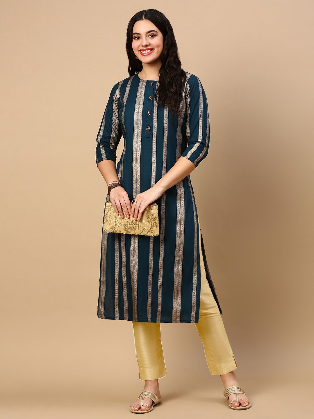 

SHOWOFF Woven Design Round Neck Straight Kurtas, Teal
