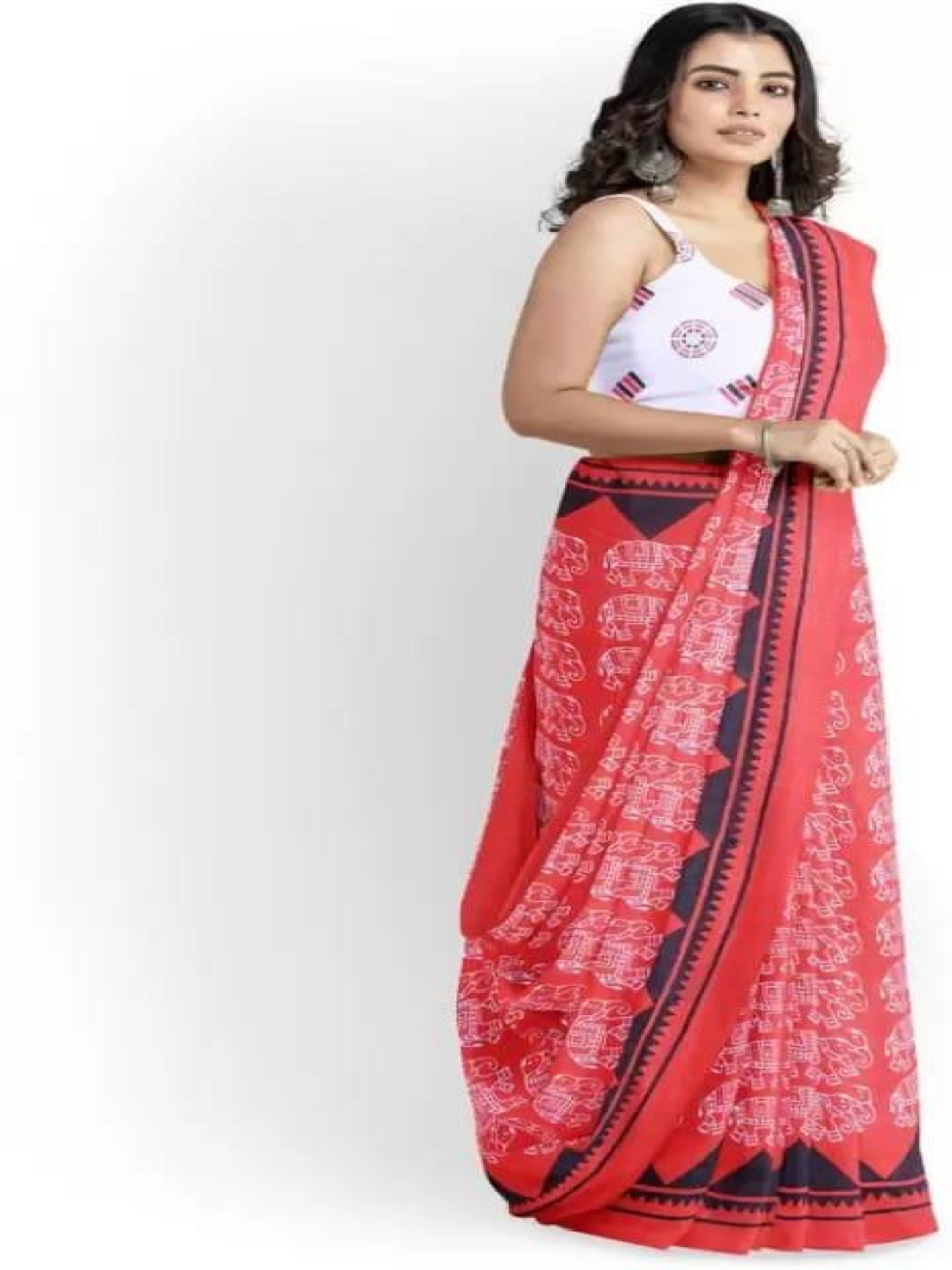 

JALTHER Ethnic Motifs Linen Blend Block Print Saree, Red